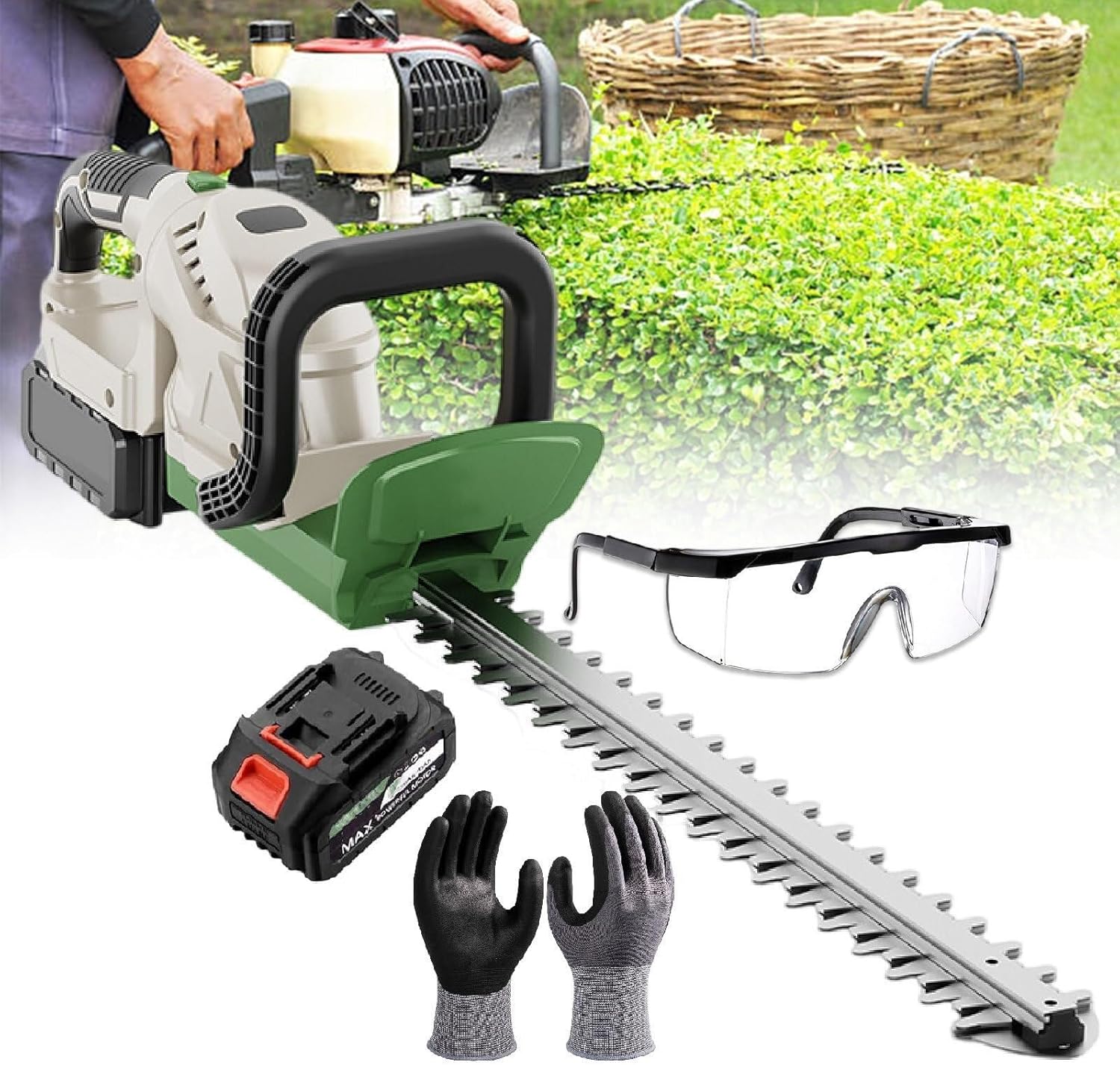 Hedge Trimmer Cordless,Electric Hedge Trimmer Cordless,200w Bush Trimmer,Battery Display,Double-Edged Thickened Blade,with A Pair of Gloves Goggles,1battery(1battery)