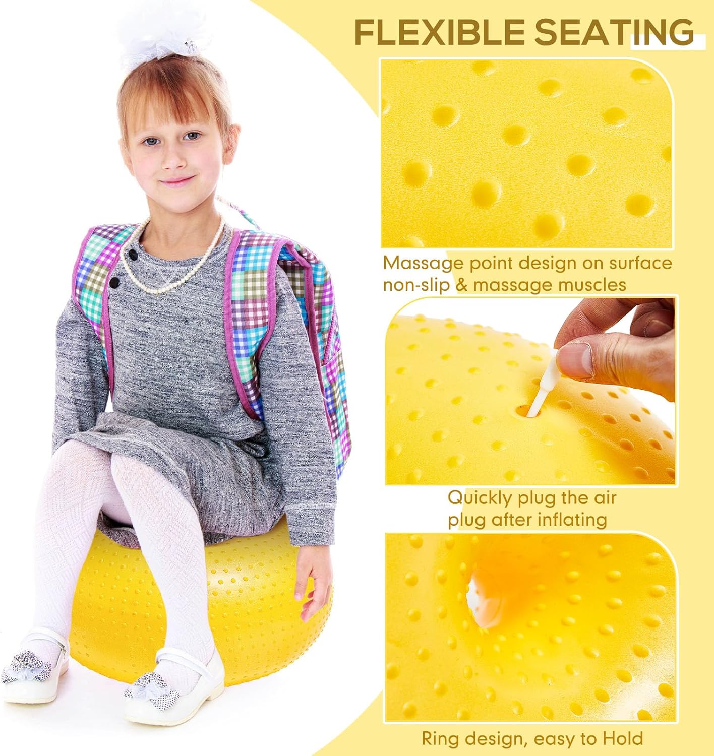 Meooeck 4 Pcs Upgraded Flexible Seating for Classroom 20 Inch Yoga Ball Chairs with Massage Point Inflatable Donut Ball Chair with Inflator for Kids Exercise Sensory Balance School Student Office