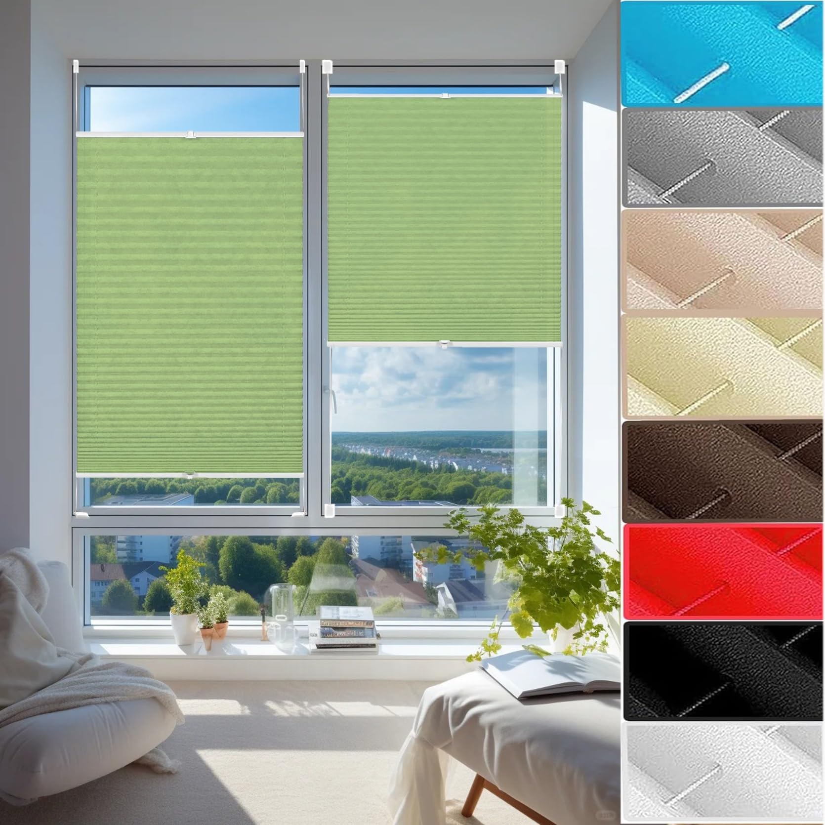 Stick on Blinds for Windows with Clips 100 x 220 cm (W x H), No Drilling, Translucent, Crushed Look, Self Adhesive Pleated Paper Blinds, Temporary Window Blinds, for Window Door, Tender Green
