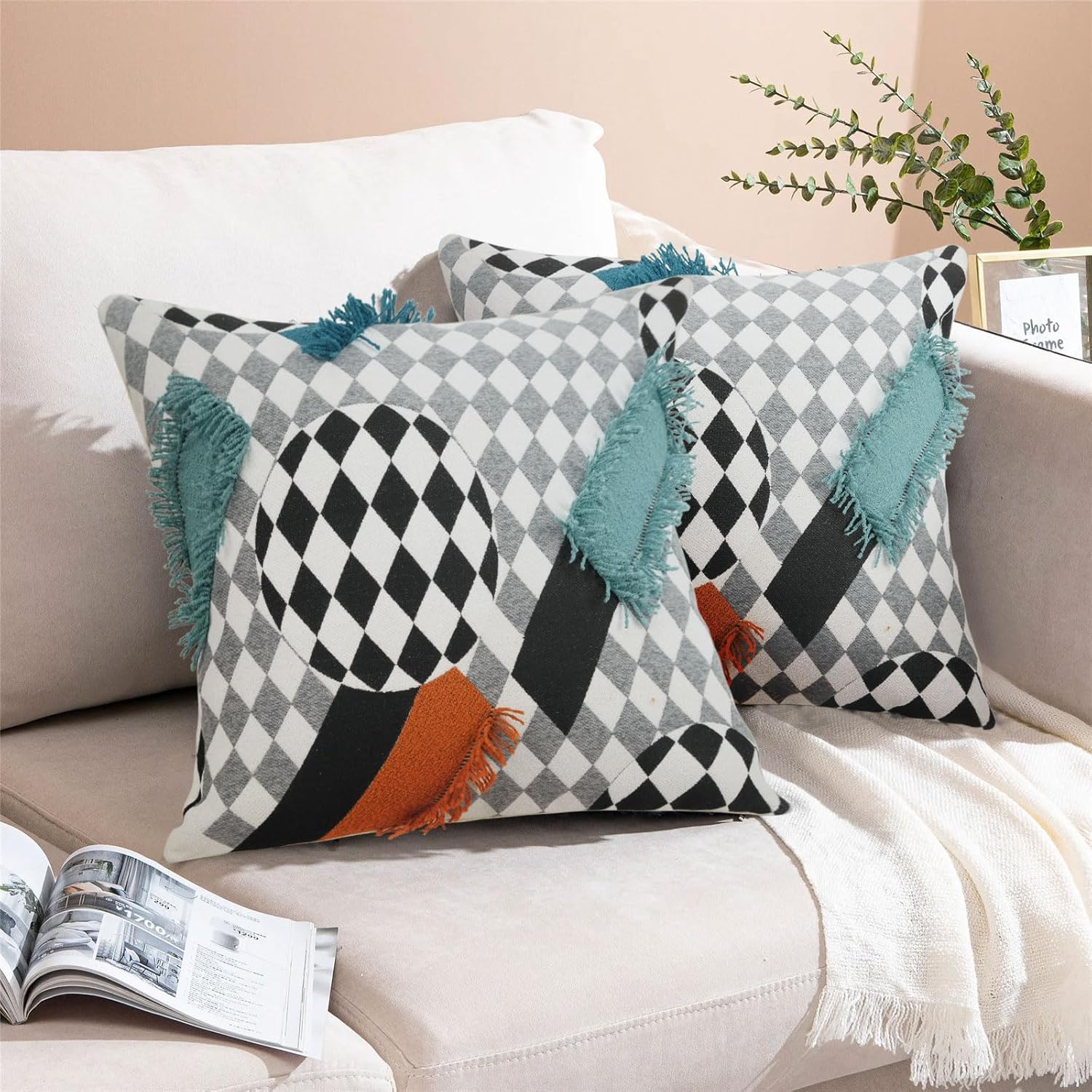 Decorative Cotton Fringe Throw Pillow Covers 18 x 18 Set of 2 Boho Checkered Pillows Cover for Couch Sofa Bed Living Room Black and Gray