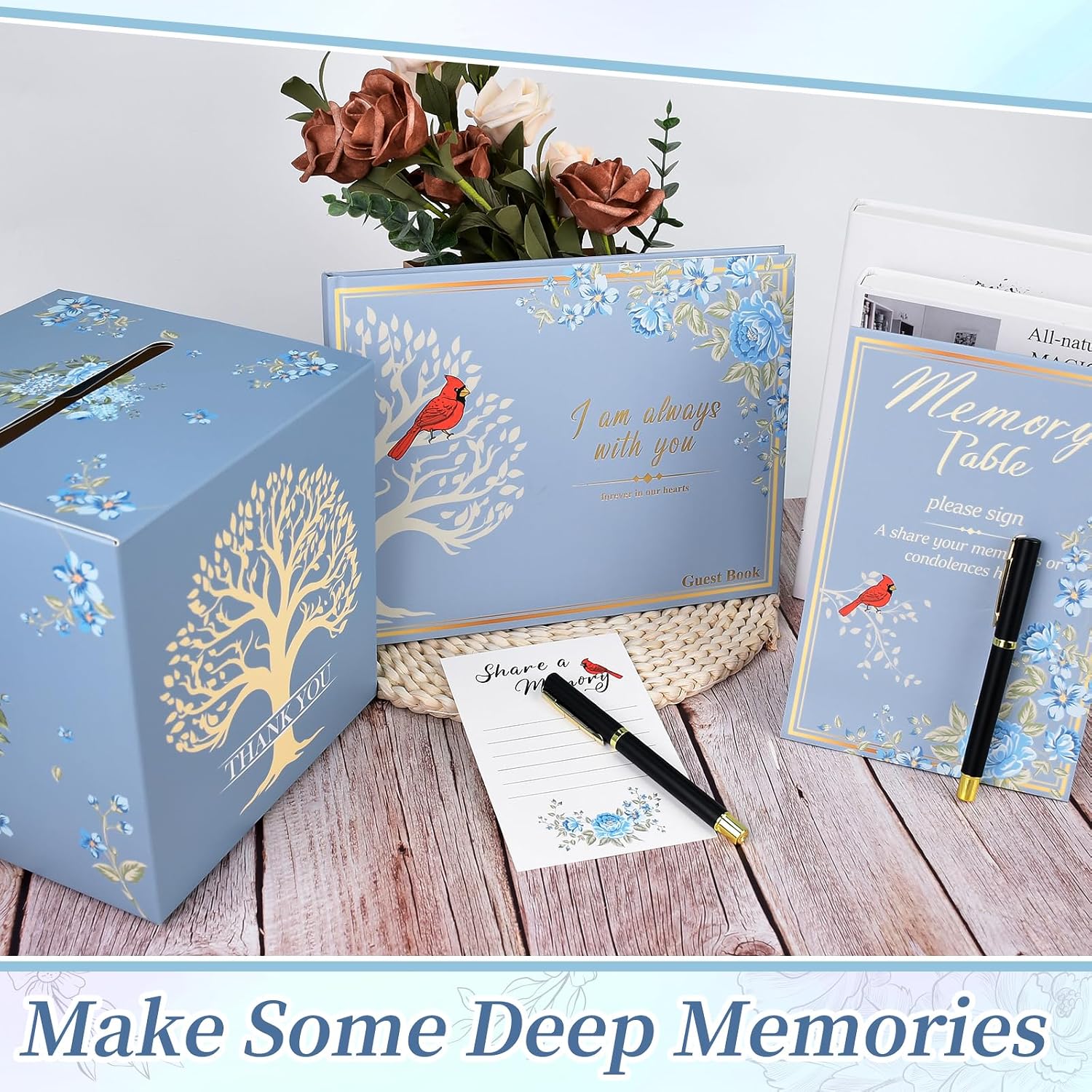 55 Pcs Funeral Supplies Funeral Guest Book for Memorial Service Included Pen Table Sign Cardinal Memorial Memory Cards Box with 50 Pcs Share a Memory Card for Guest Funeral Farewell Party (Light Blue)