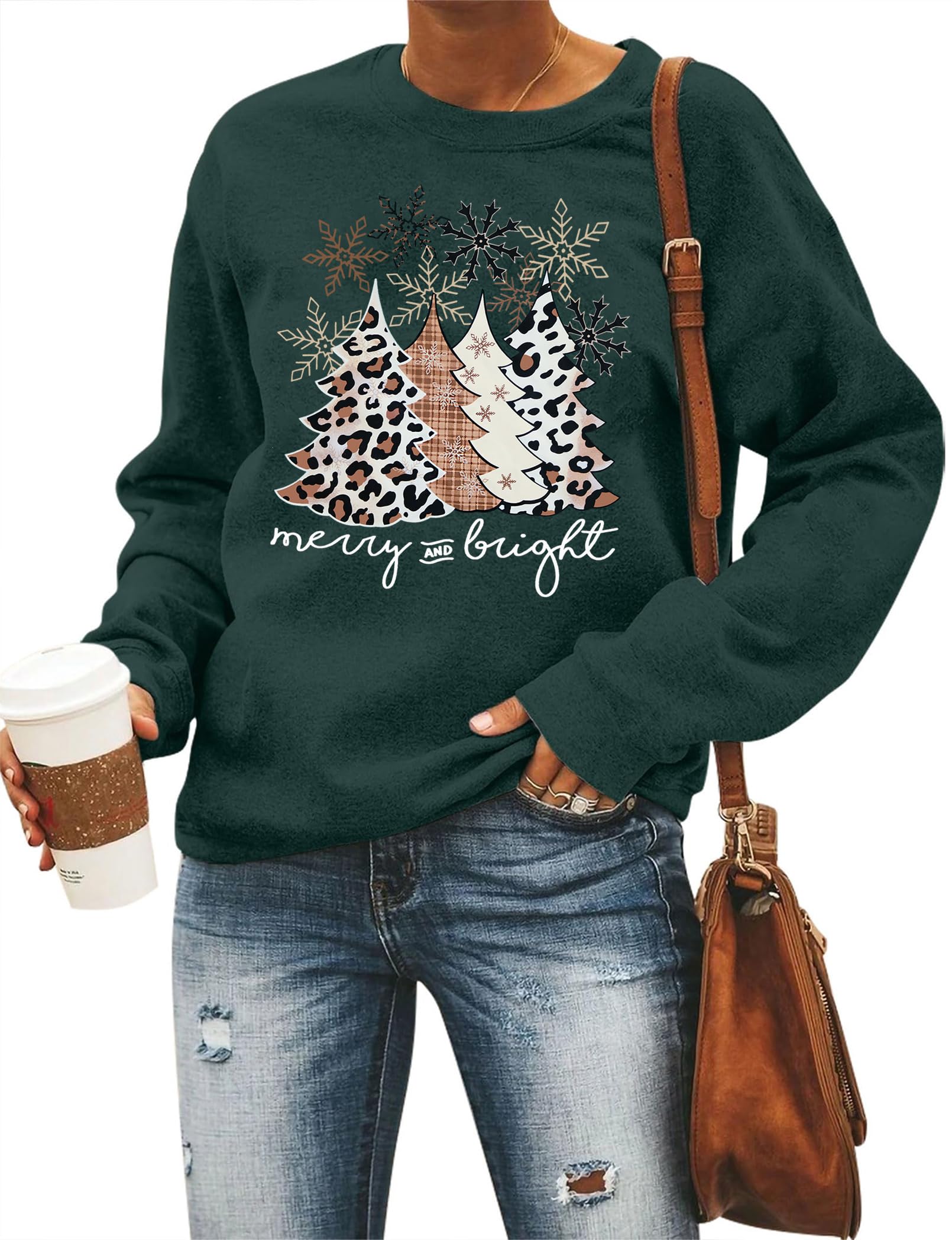 Christmas Sweatshirt Women Merry and Bright Christmas T-Shirt Funny Xmas Lights Blouse Tops Holiday Shirts