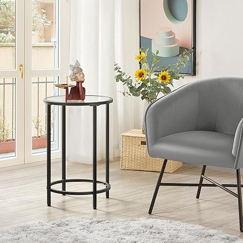 Miniatura 4 de Yaheetech Mesa auxiliar de cristal, mesa auxiliar redonda, mesita de noche pequeña con parte superior de vidrio y marco de metal para sala de estar,
