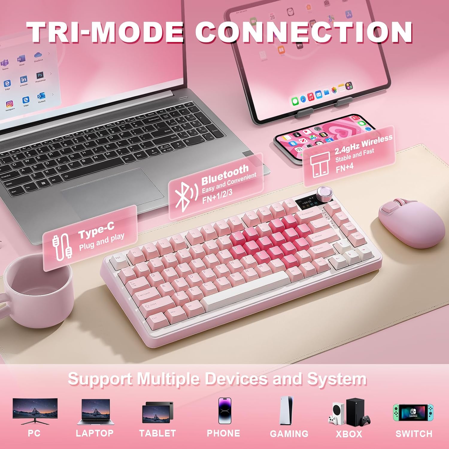 YUNZII B75 PRO MAX QMK/VIA Wireless Mechanical Keyboard,75% Layout with Screen and Knob,Custom Hot Swap Gasket,Creamy Pre-lubed Switches,Bluetooth/Type-C/2.4G for Win/Mac (Pink Heart,Milk V2 Switch)