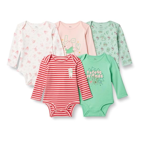 Amazon Essentials Disney | Marvel | Star Wars Body a Maniche Lunghe in Maglia di Cotone Unisex - Bambini e ragazzi, Confezione da 5, Foresta di Winnie the Pooh, Prematuro