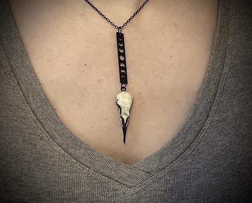 Miniatura 2 de Lariat Moon Phase Bar Raven Skull Necklace - Vertical Bar Lunar Charm