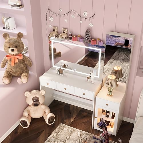 Miniatura 2 de Juego de tocador con luces y 2 espejos, espejo extra grande con 4 cajones, con mesita de noche y espejo de cuerpo completo, escritorio de maquillaje