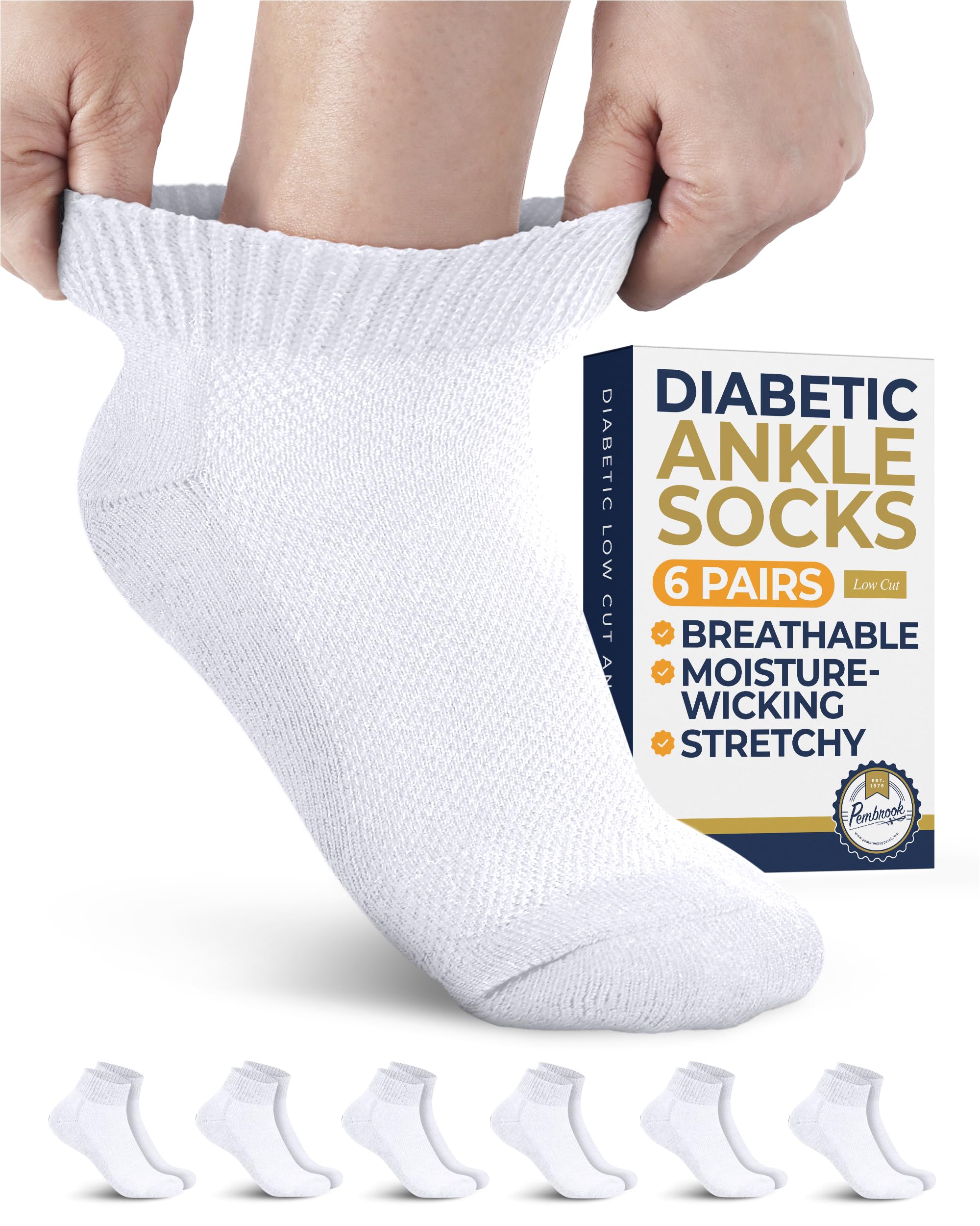 Pembrook Ankle Diabetic Socks for Women and Men - 6 Pairs | Low Cut Neuropathy Socks for Women | Smooth Toe Seams
