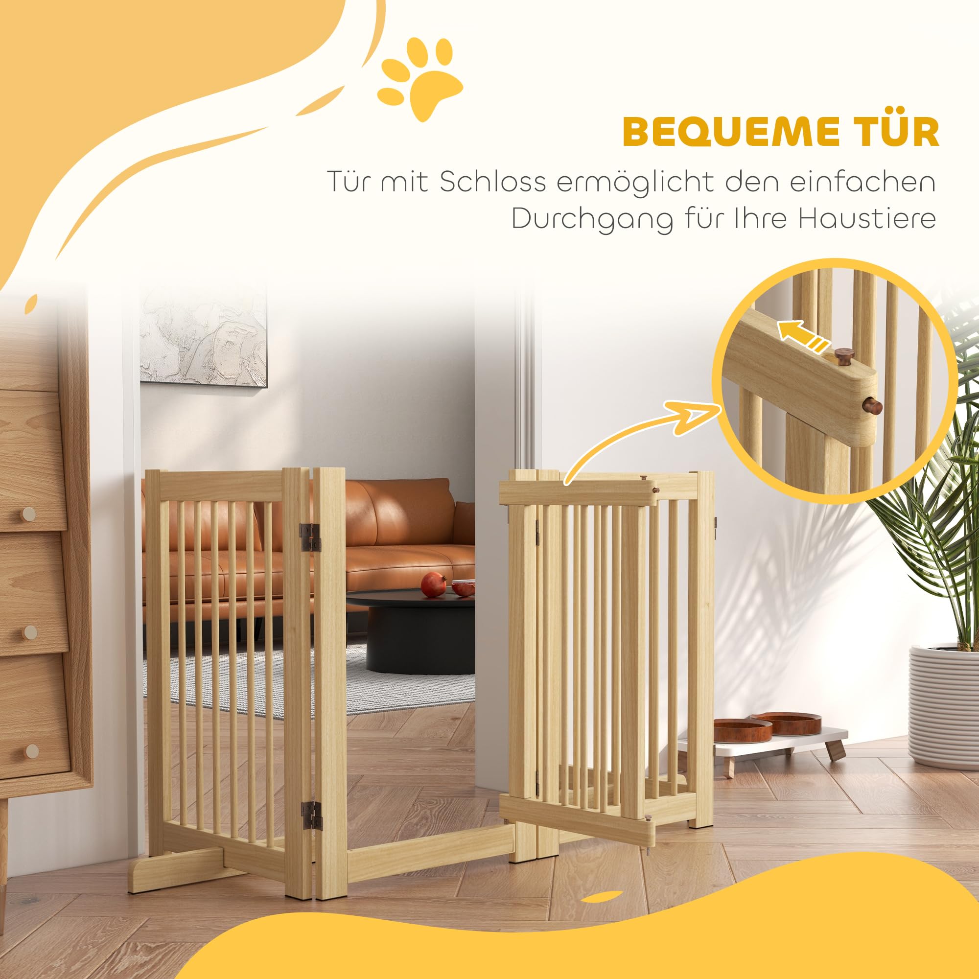PawHut Absperrgitter Hund Freistehendes Schutzgitter mit Füßen 204 x 75 cm Holz Hundegitter Treppenschutzgitter Türschutzgitter Treppengitter für Treppen, Türen, Küche, Flur, 4 Paneelen, Natur