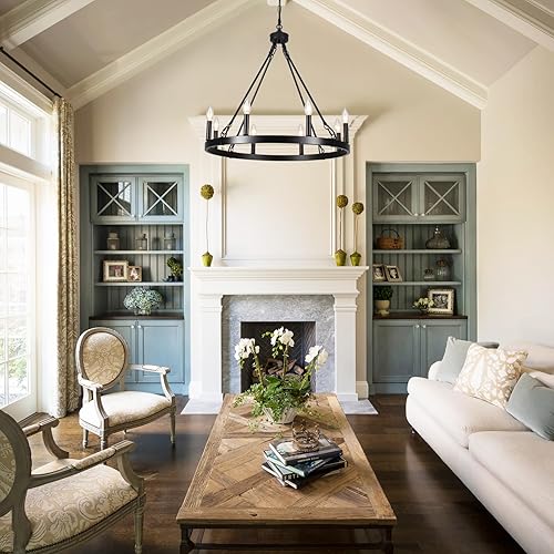 Miniatura 4 de ZJVAIVE Candelabro negro con rueda de vagón de 26 pulgadas, 8 candelabros negros claros para comedor, lámparas colgantes redondas rústicas para sala