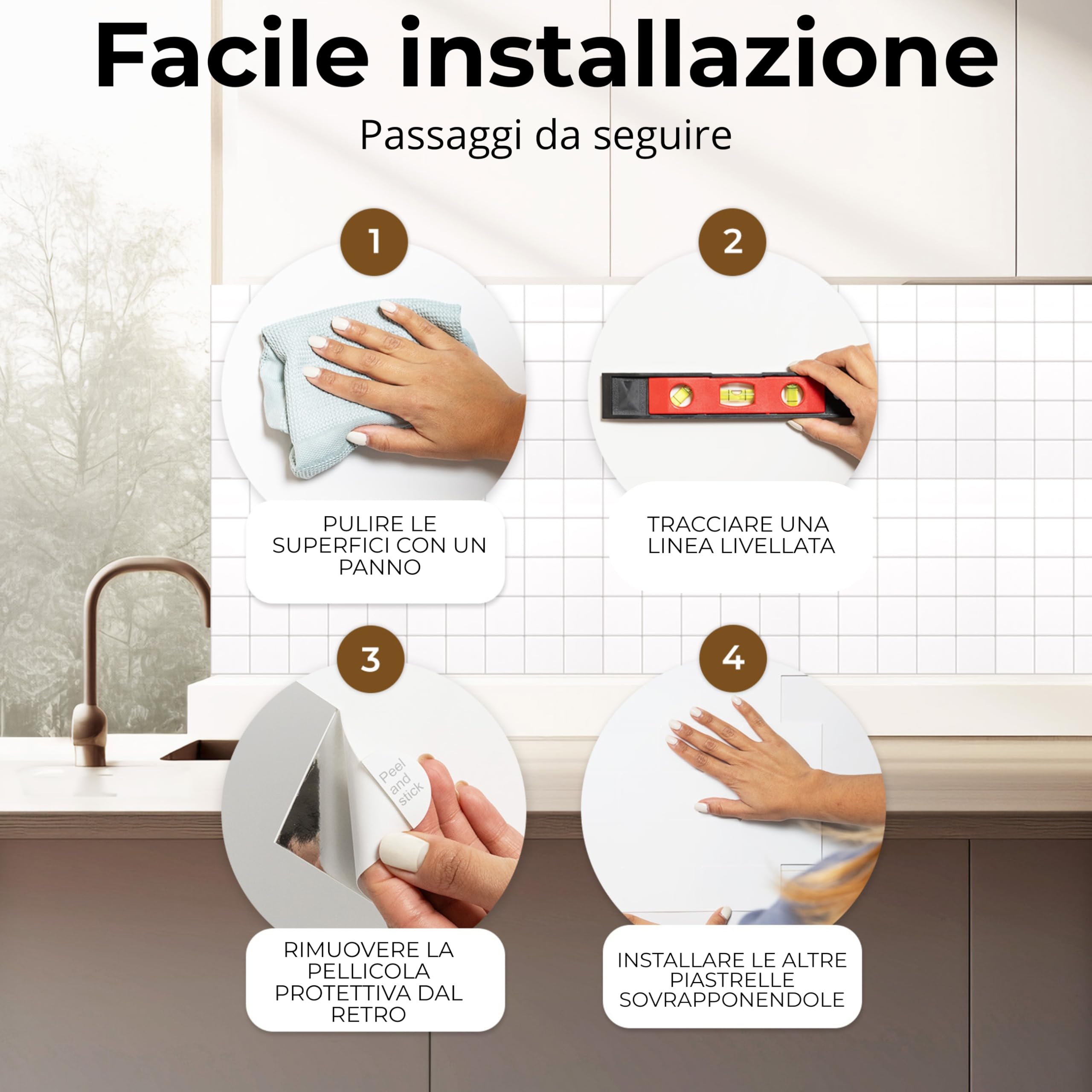 AMARA DECO – 20 Piastrelle Adesive Cucina e Bagno 30x30cm. Mattonelle Adesive da Parete con Effetto Piastrelle 3D, Impermeabili, Resistenti al Calore e Facili da Pulire (Quadrati) (20, Bianco e Nero)