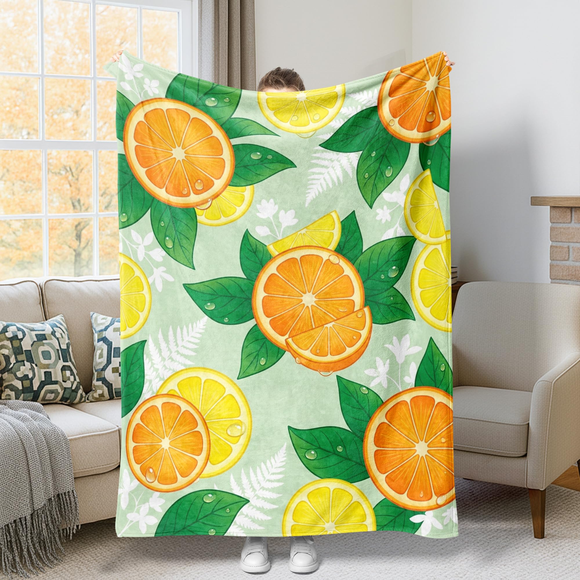 Manta naranja de verano suave y acogedora con estampado botánico premium