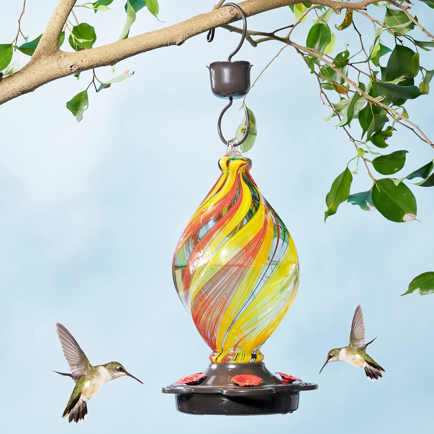 LUJII Ice Cream Shaped Spiral Hummingbird Feeder for Outdoors Hanging, Hand Blown Glass, 28 fl.oz, Leak Proof & Rustproof, Includes an Ant Moat, Unique Garden, Outside & Backyard Decor (Ribbon) - Image 2