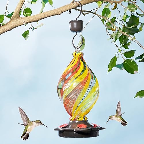 Miniatura 2 de LUJII Comedero de colibríes en espiral en forma de helado para colgar al aire libre, vidrio soplado a mano, 28 onzas líquidas, a prueba de fugas y a