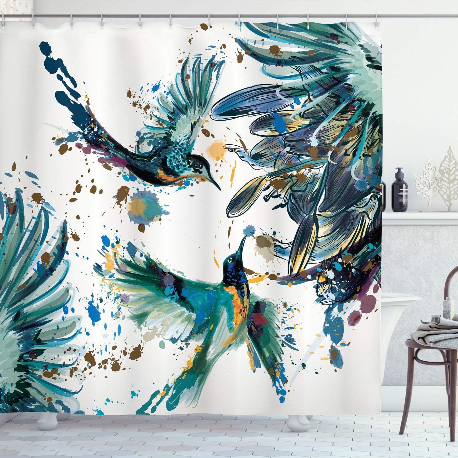 AmbesonneHummingbird Shower Curtain, Art Lily Flowers Birds and Color Splashes in Watercolor Painting Style, Cloth Fabric Bathroom Decor Set with Hooks, 69" W x 75" L, Jade Green