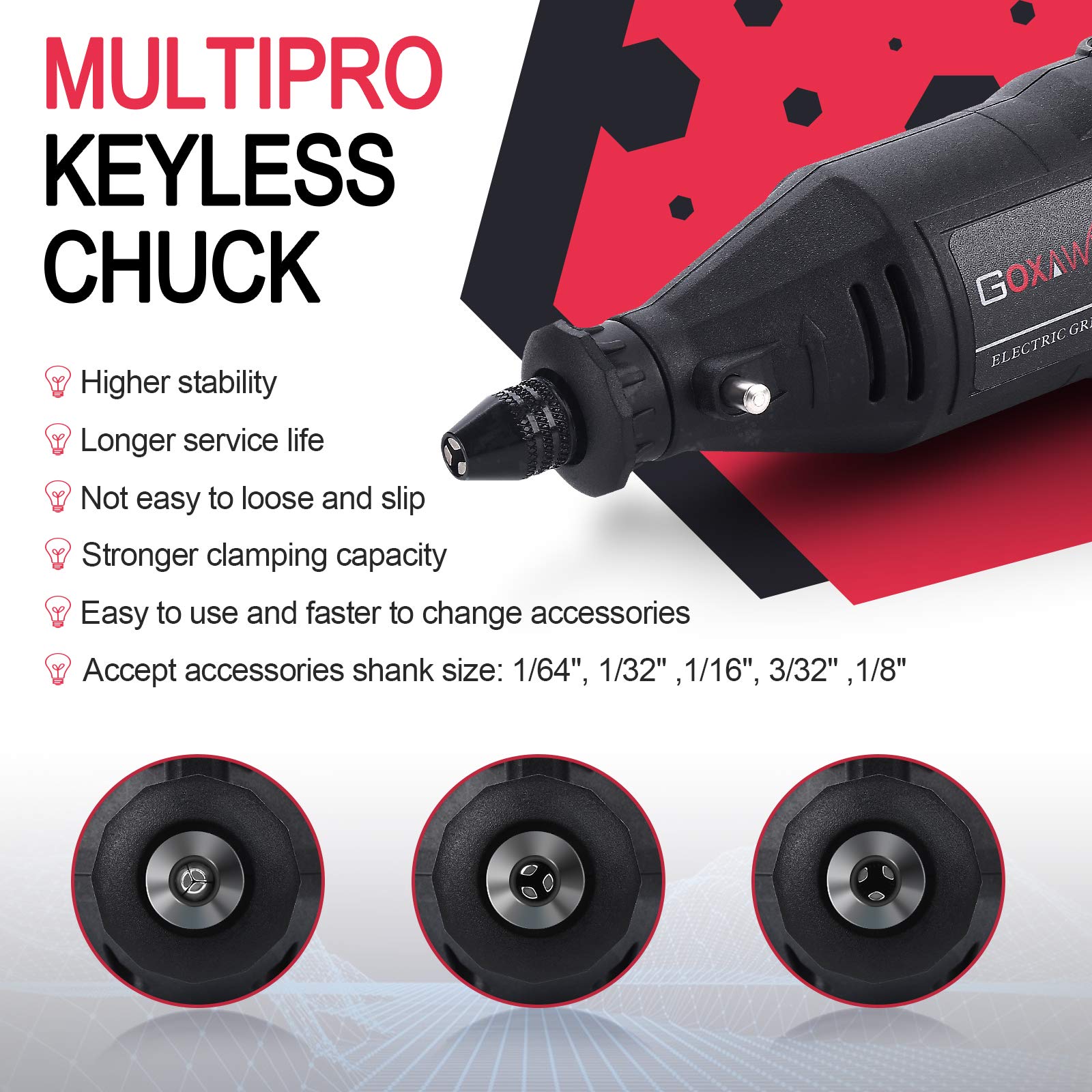 GOXAWEE Rotary Tool Kit with MultiPro Keyless Chuck and Flex Shaft