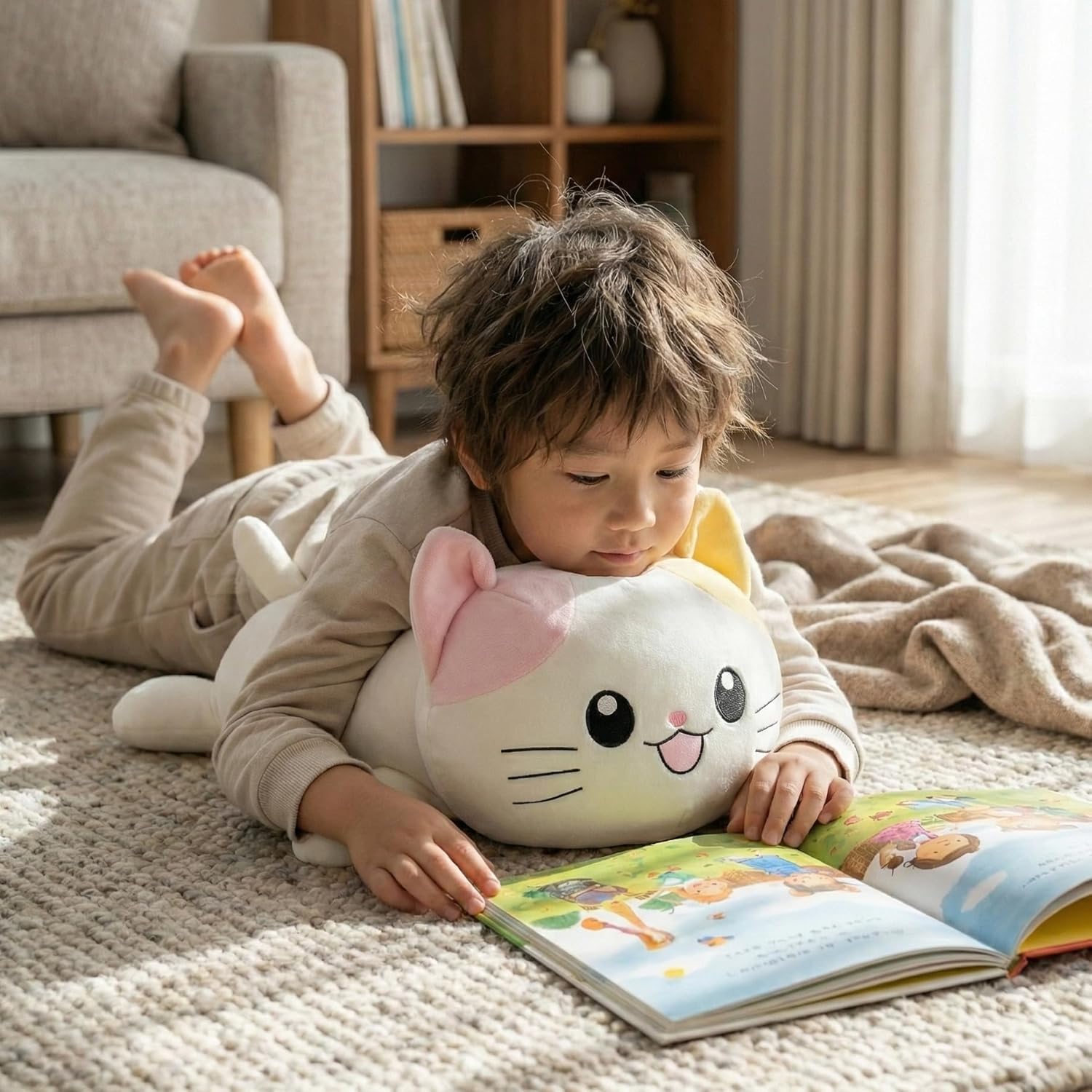 WEIGEDU Kawaii Cat Plush Pillow – 18” Soft Stuffed Animal Toy for Kids & Adults, Cute Calico Kitty Plushie with Pink & Yellow Ears – Sleeping Cat Pillow Gift for Girls, Boys, Cat Lovers