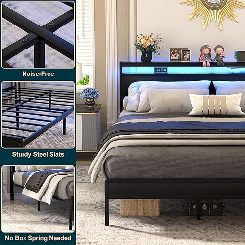 Miniatura 6 de Homieasy Base de cama de tamaño matrimonial con estación de carga y luces LED, plataforma de metal industrial con cabecera de almacenamiento,