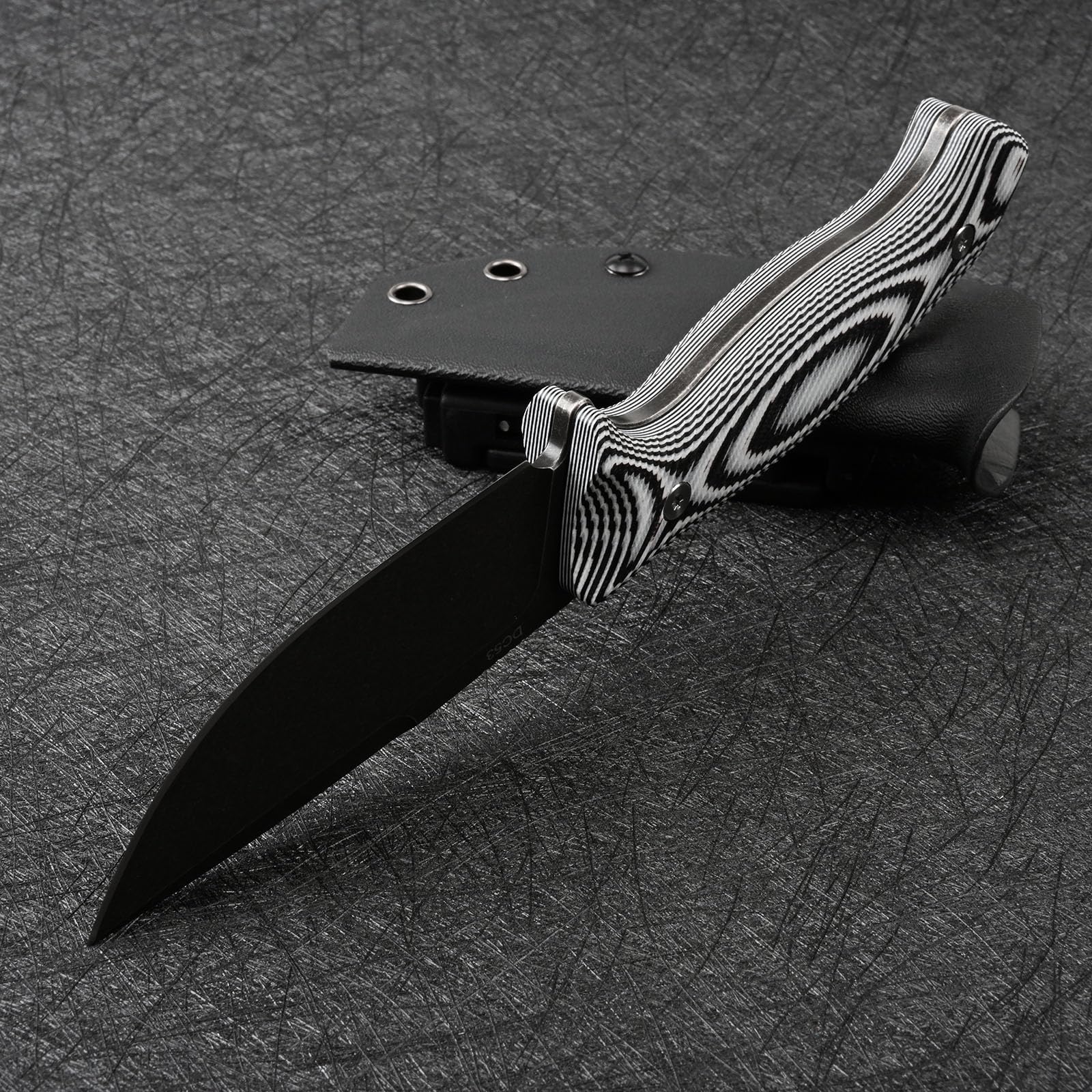 DC53 Stahl messer Feststehende Klinge G10 Griff mit Kydex Scheide für Männer EDC Camping Survival Outdoor (Schwarzer Stein wash+grauer Griff)