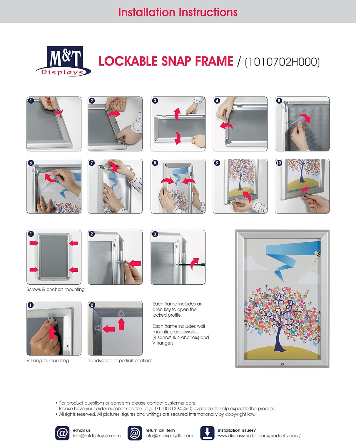 M&T Displays Lockable Snap Poster Frame 8.5x11 Inch Silver 1.25" Aluminum Profile Front Loading Wall Mounting Picture Photo Document Certificate Sign Holder Mitered Corner Anti Glare Cover