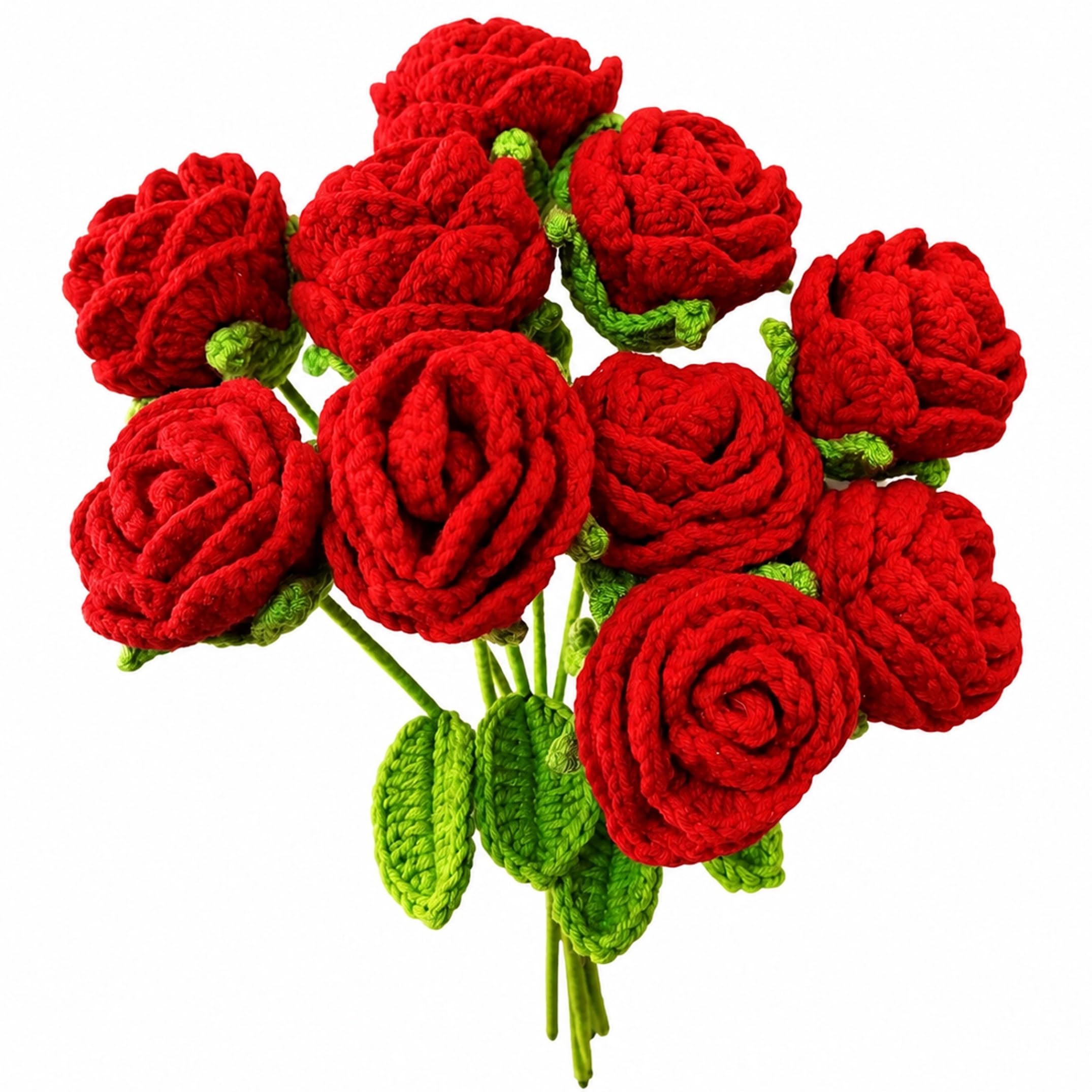 Ameble 10PCS Handmade Crochet Red Roses Knitted Flower Bouquet, Eternal Beauty Wool Roses for Mom, Sister, Girlfriend, Friends, Never Wilt Love