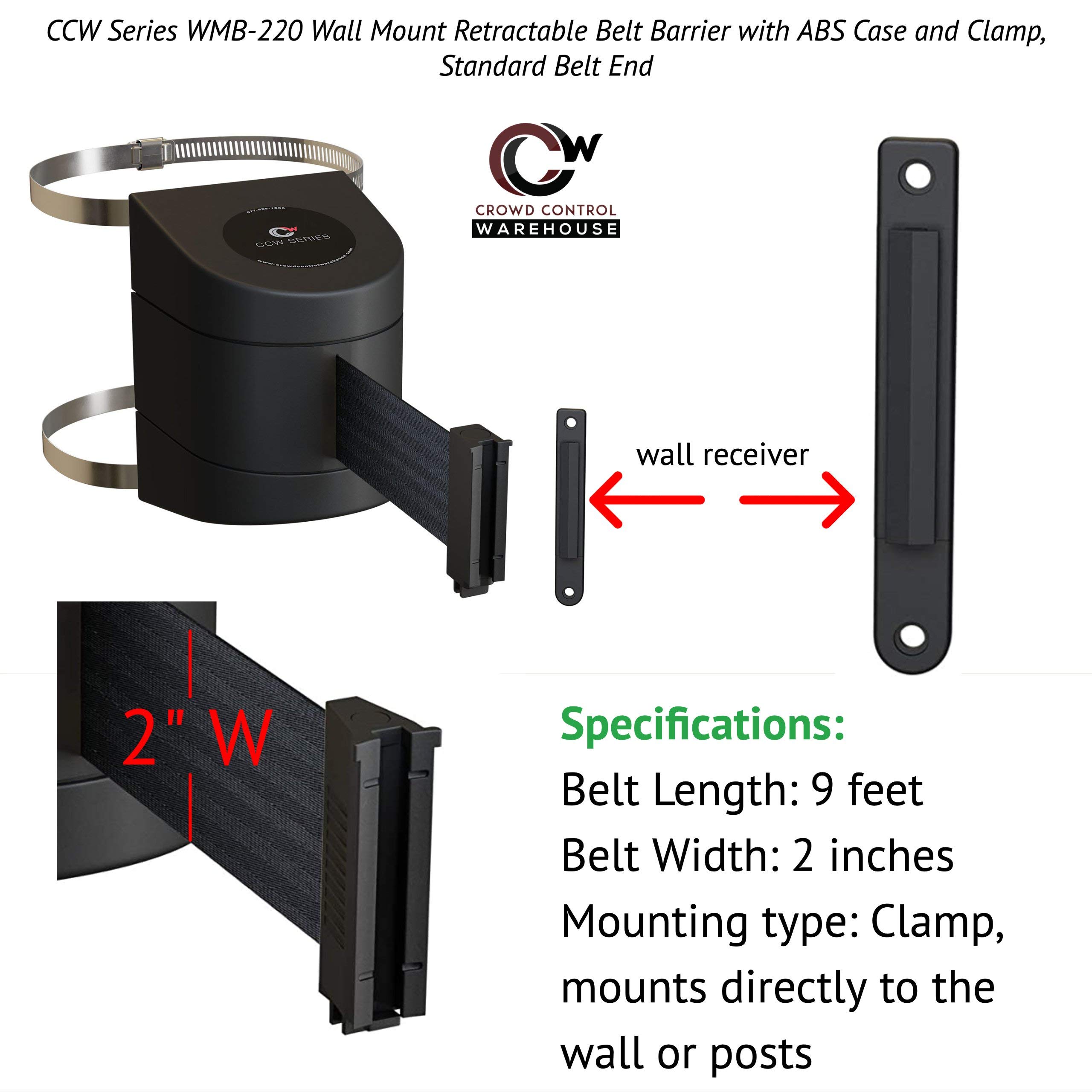 CCW Wall Mount Retractable Belt Barrier with ABS Case and Clamp, WMB-220 (9 Foot Belt, Black Belt with Black ABS Case)