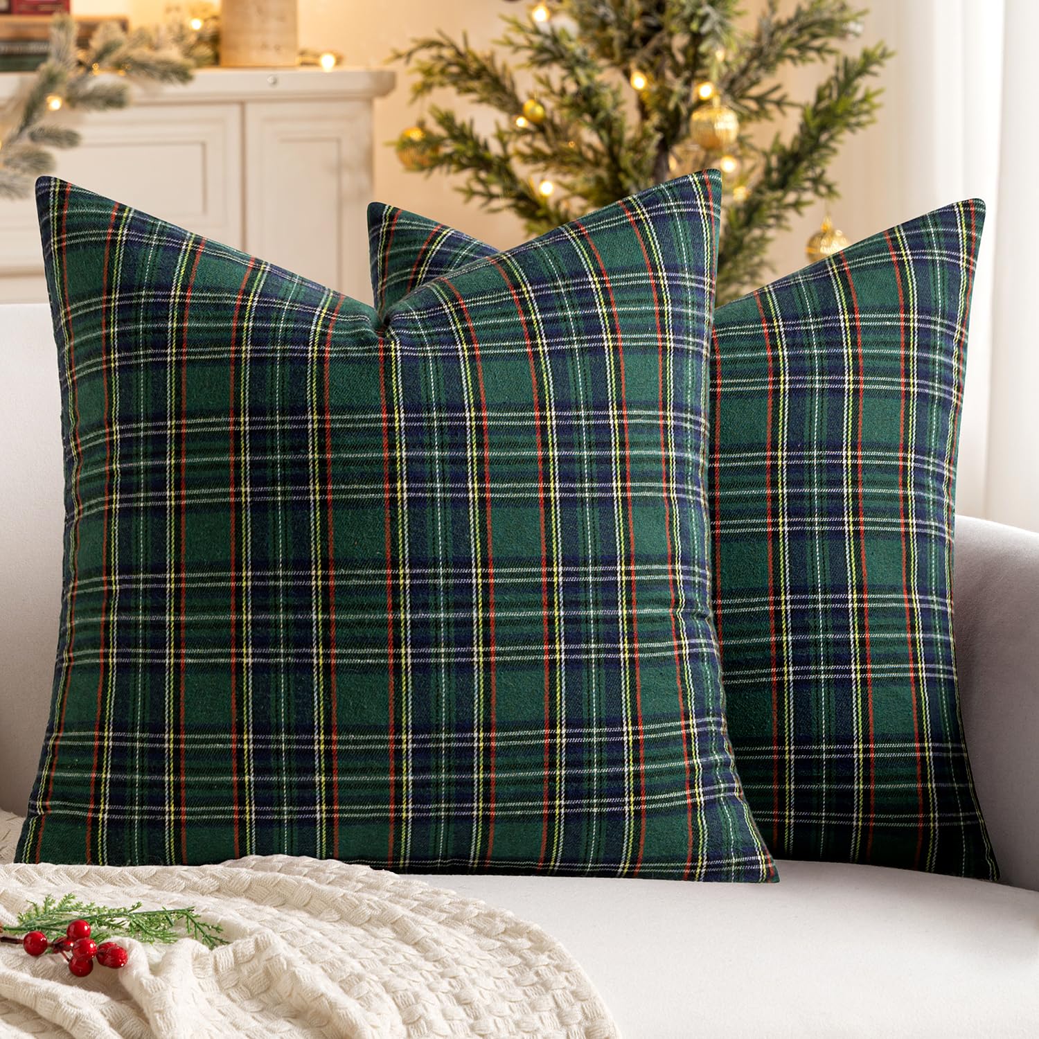 MIULEE Set of 2 Christmas Scottish Tartan Plaid Throw Pillow Covers Farmhouse Classic Decorative Square Cushion Cases for Decor Sofa Couch 18x18 Inch, Green