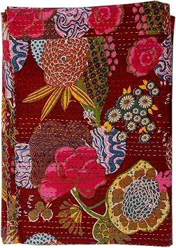 Handmade Cotton Kantha Quilt - Reversible Bedspread with Floral & Fruit Pattern, Traditional Indian Gudri, Maroon 90x108 inch, Decorative Kantha Stitch, Pure Cotton, Twin/King Size
