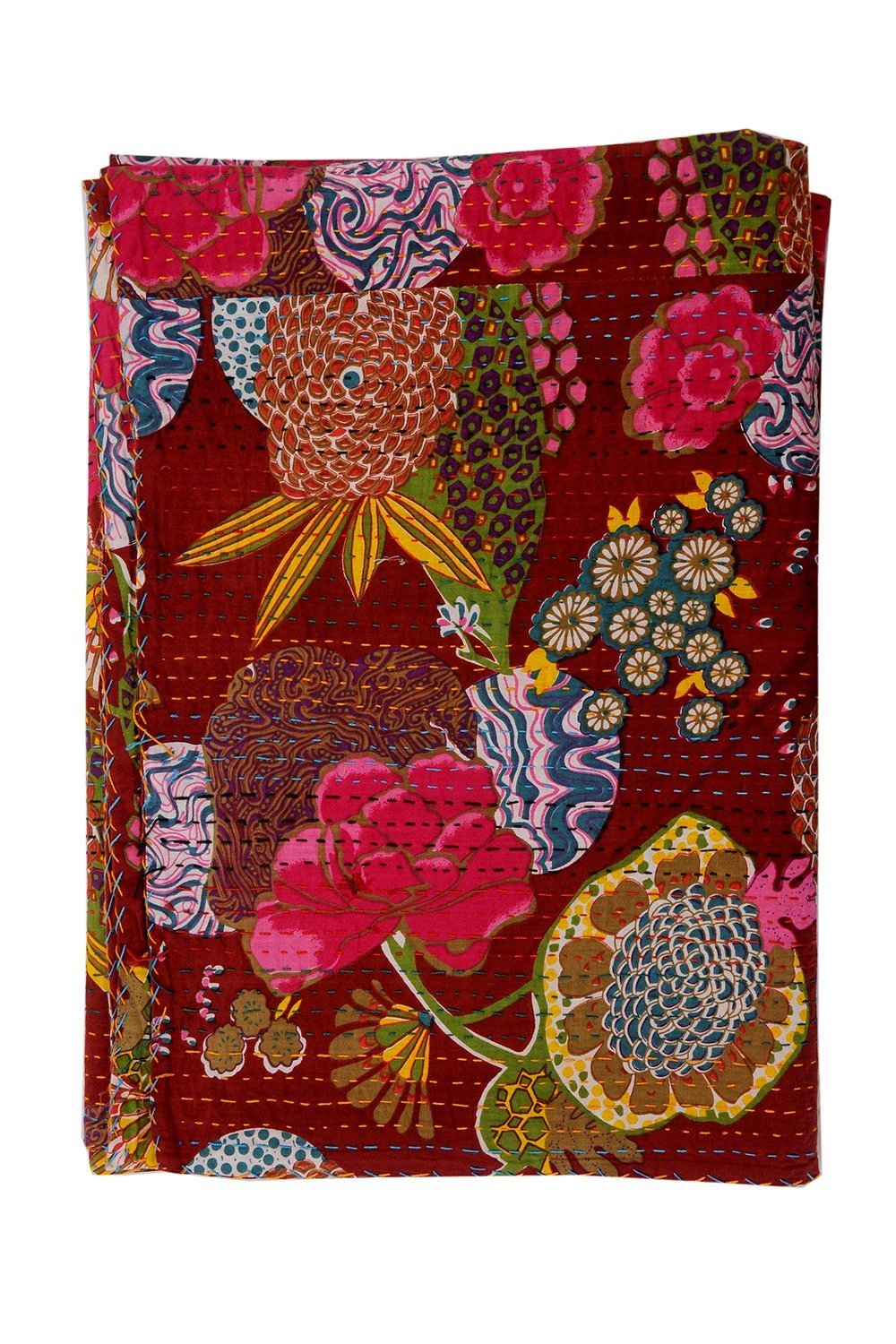 Colcha Kantha de algodón puro floral indio reversible granate Twin para dormitorio