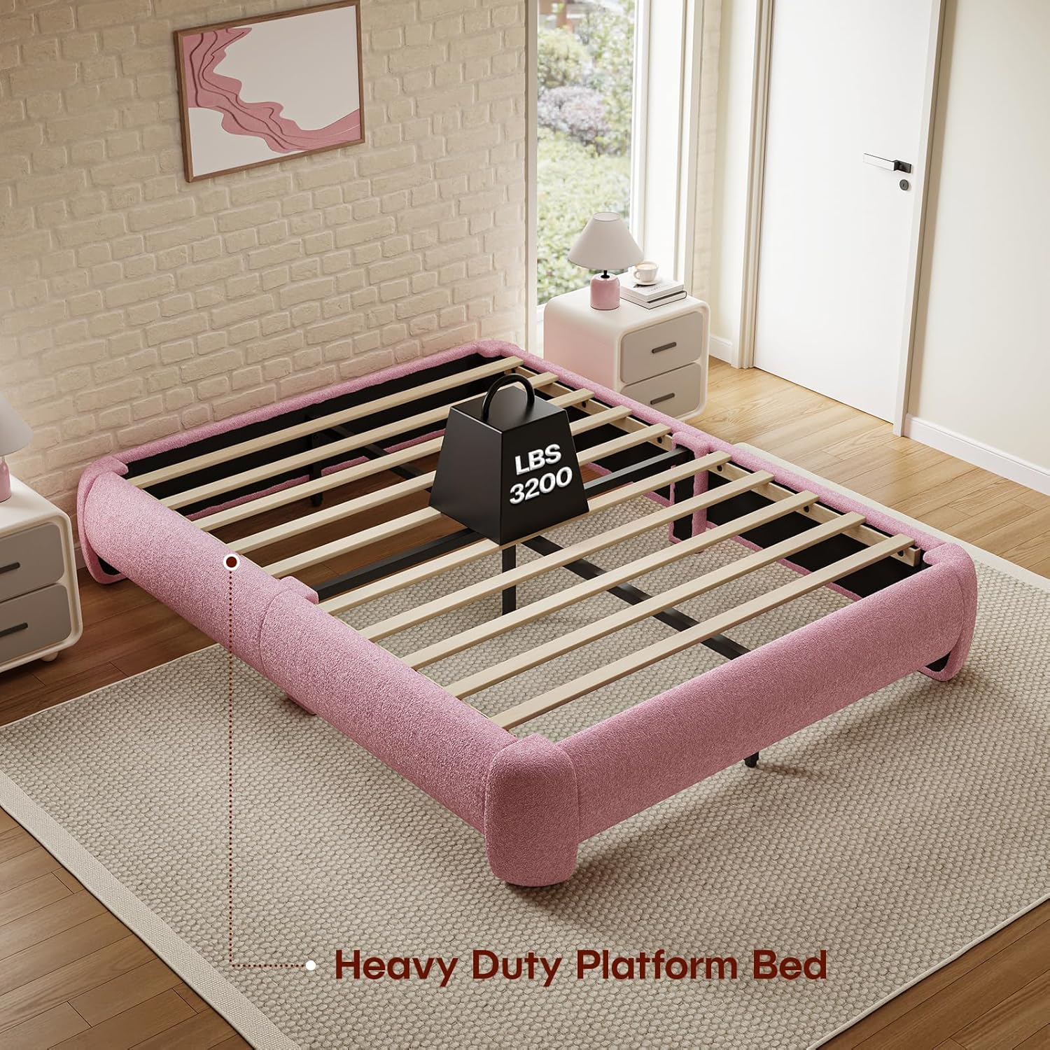 Cloud Platform Bed Frame Queen Size, Soft Boucle Bed Frame with Round Corner, Upholstered Queen Bedframe with Heavy Duty Wood Slat, No Box Spring Needed, Easy Assembly, Pink