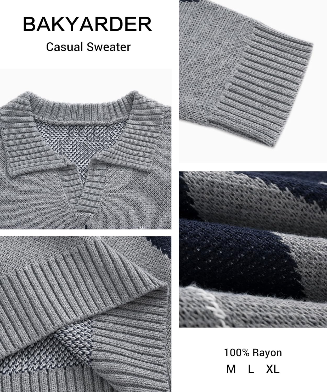 Bakyarder Men's Argyle Knit Polo Sweater Pullover Vintage Diamond Pattern Sweater with Collar