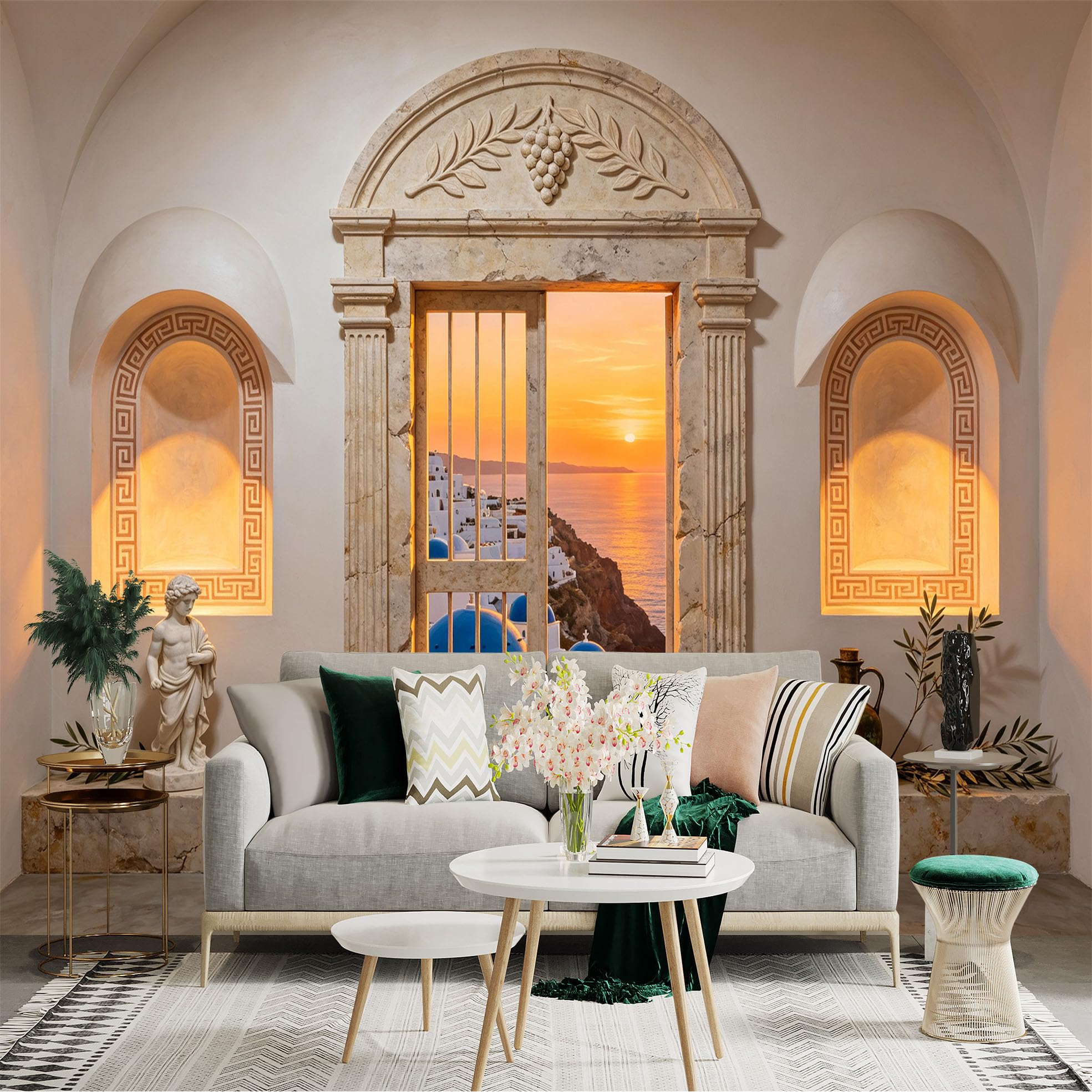 Custom Size Wall Sticker Mural， Mediterranean Sunset Coastal Village， Marble Archway and Blue Dome Seascape， for wall Decoration， peelandstick wall Decals.