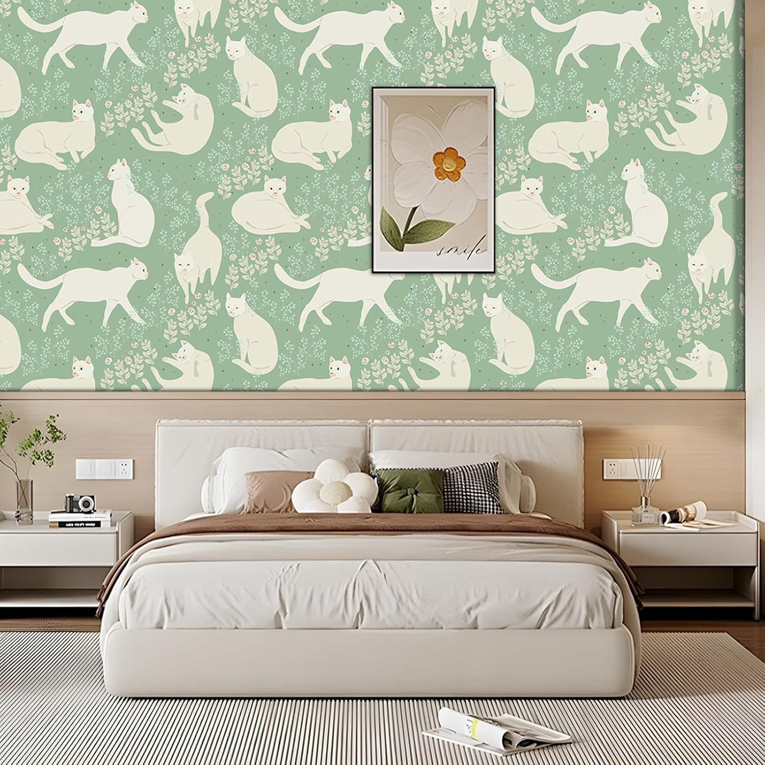 Cute Cat Animal Floral Wallpaper Self Adhesive Peel and Stick Cartoon Green Watercolor Spring Leaf Contact Paper Removable Waterproof for Bedroom Renter Friendly 17.71"x236.2"