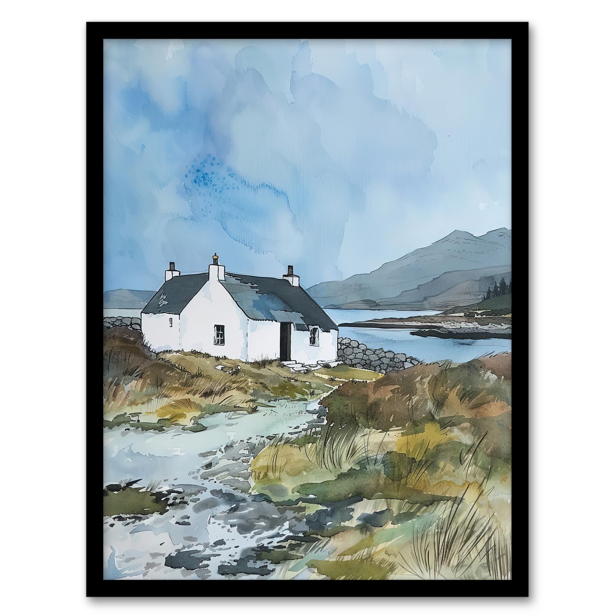 Framed Wall Art - Isle of Harris Crofters Cottage - Scotland Landscape - A4 Size - Blue - Artery8