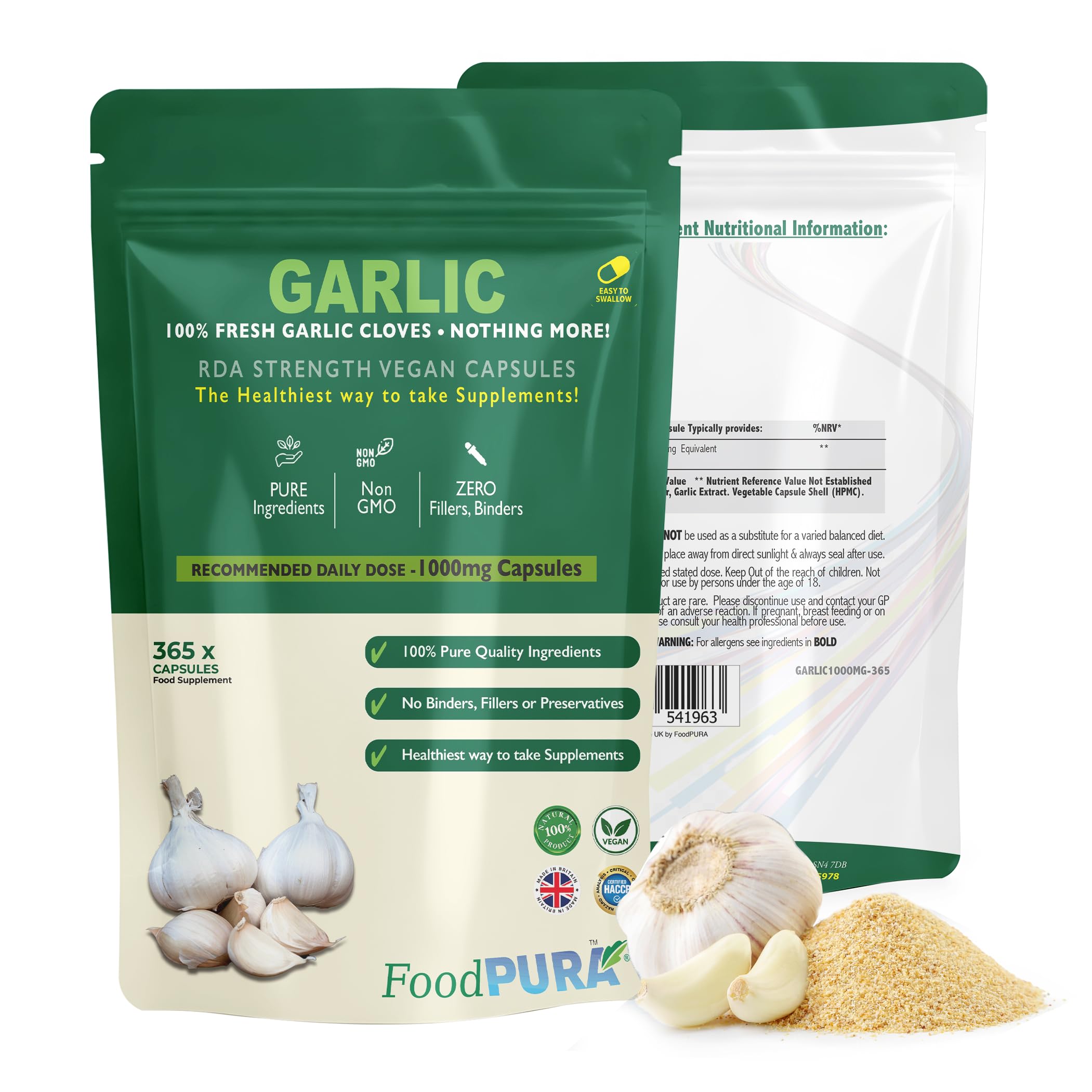 365 X Pure Garlic Capsules Recommended Daily Strength 1000mg - Capsules are The SAFEST Way to take Any Supplement! HACCP Certified, Manufactured in The UK.