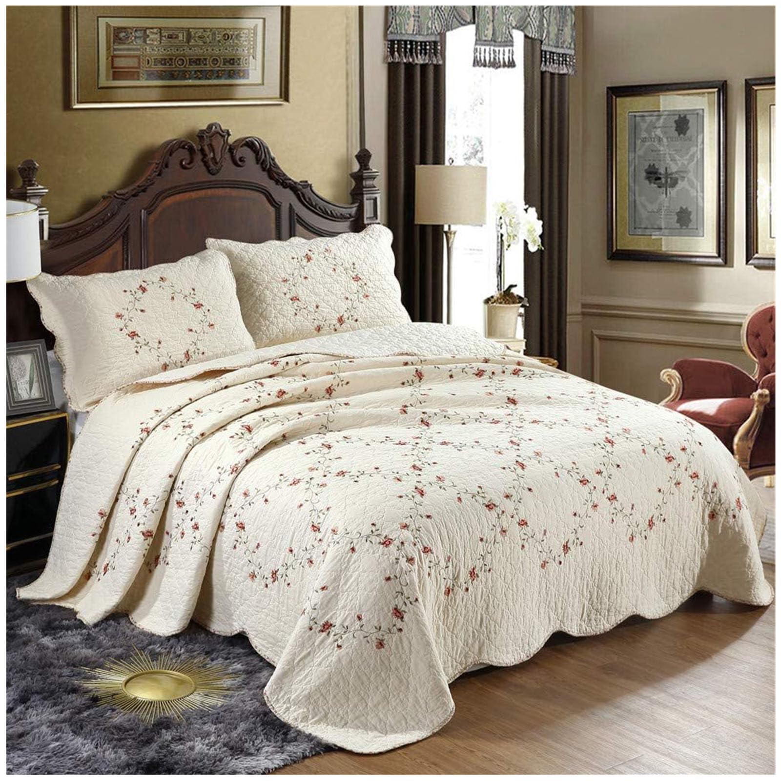 Couvre-lit matelassé de luxe brodé en coton boutis beige California King avec 2 taies d'oreiller