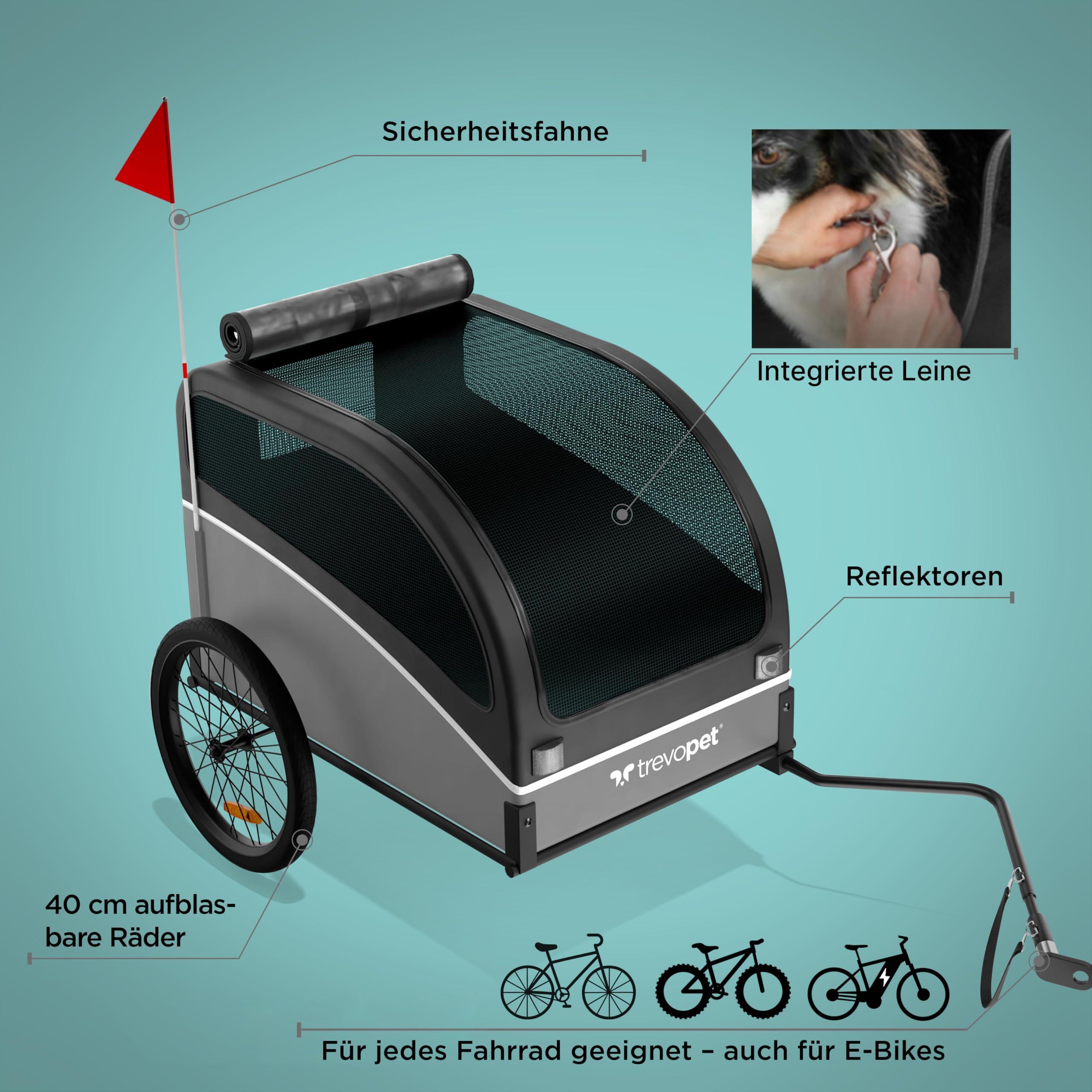 Hundeanhänger für Fahrrad – Faltbarer Hundefahrradanhänger mit Kupplung & Reflektoren – Fahrradanhänger Hunde bis 40kg – Wasserdicht – Kompatibel mit E-Bikes – Schwarz
