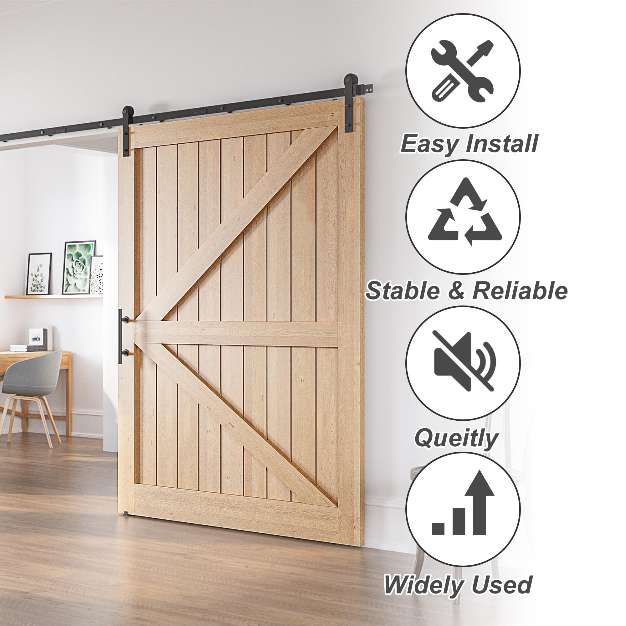 Kit de Puerta Corredera de Madera Individual, Riel Negro de Granero Resistente