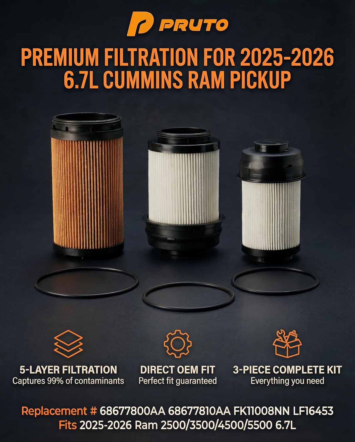 2025 2026 6.7L Cummins Fuel & Oil Filter Kit for Ram 2500 3500 4500 5500 Replaces #68677800AA 68677810AA, 3 Piece Set