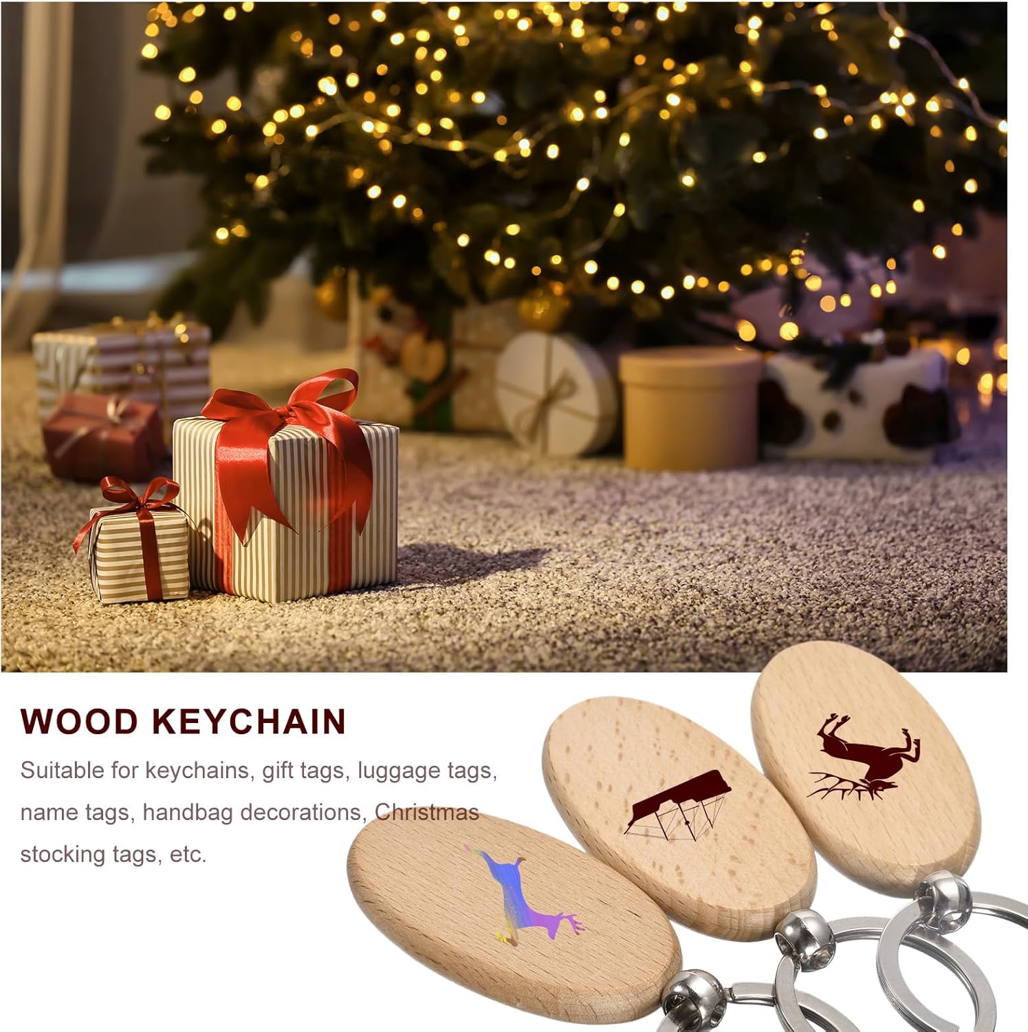 MECCANIXITY Wood Keychain Blanks, 2.12 Inch x 1.18 Inch Wood Engraving Blanks Key Chain Tag for DIY Crafts, Pack of 100