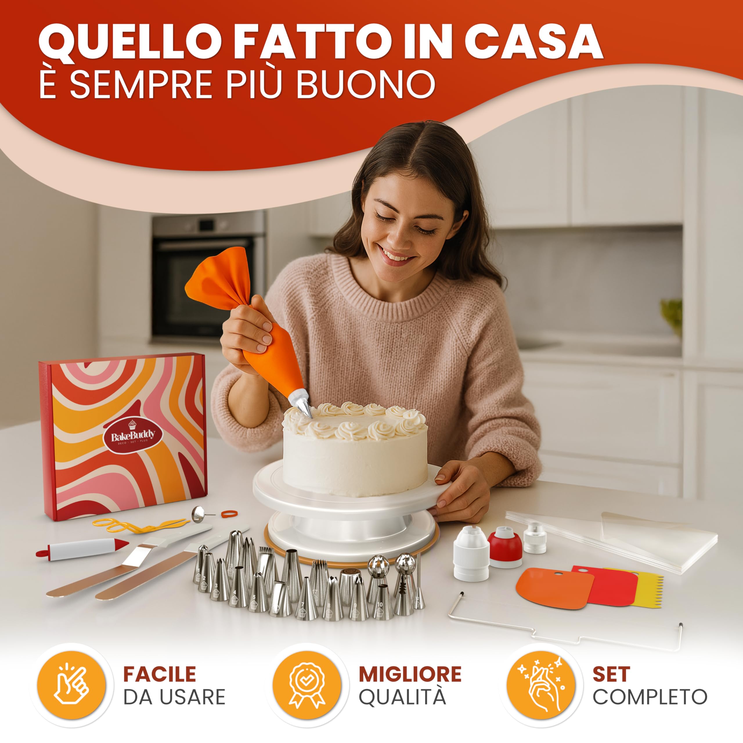 Set di Accessori per Torte (61 Pezzi) – Piatto Girevole per Torte con Beccucci, Sac à Poche, Spatole, Palette e Altri Accessori da Pasticceria per Principianti e Professionisti