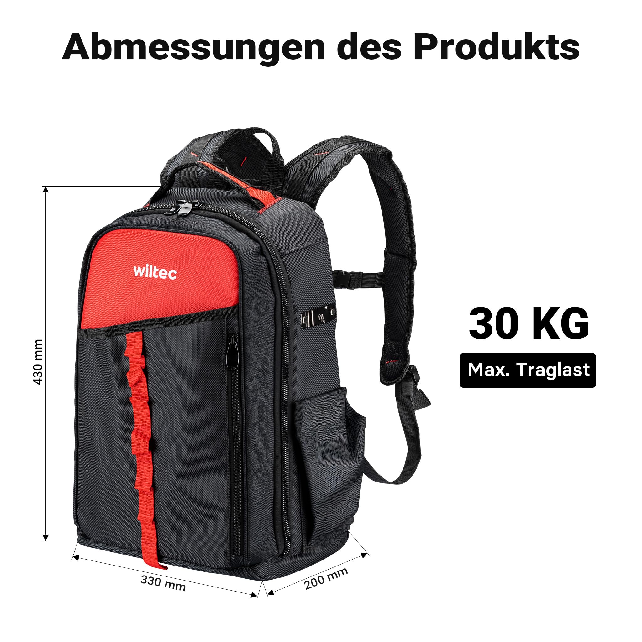 Wiltec Werkzeugrucksack 33 x 20 x 43 cm bis 30 kg, Werkzeug Tasche 16 Fächer, Werkzeug Rucksack gepolstert, robuste Werkzeugtasche