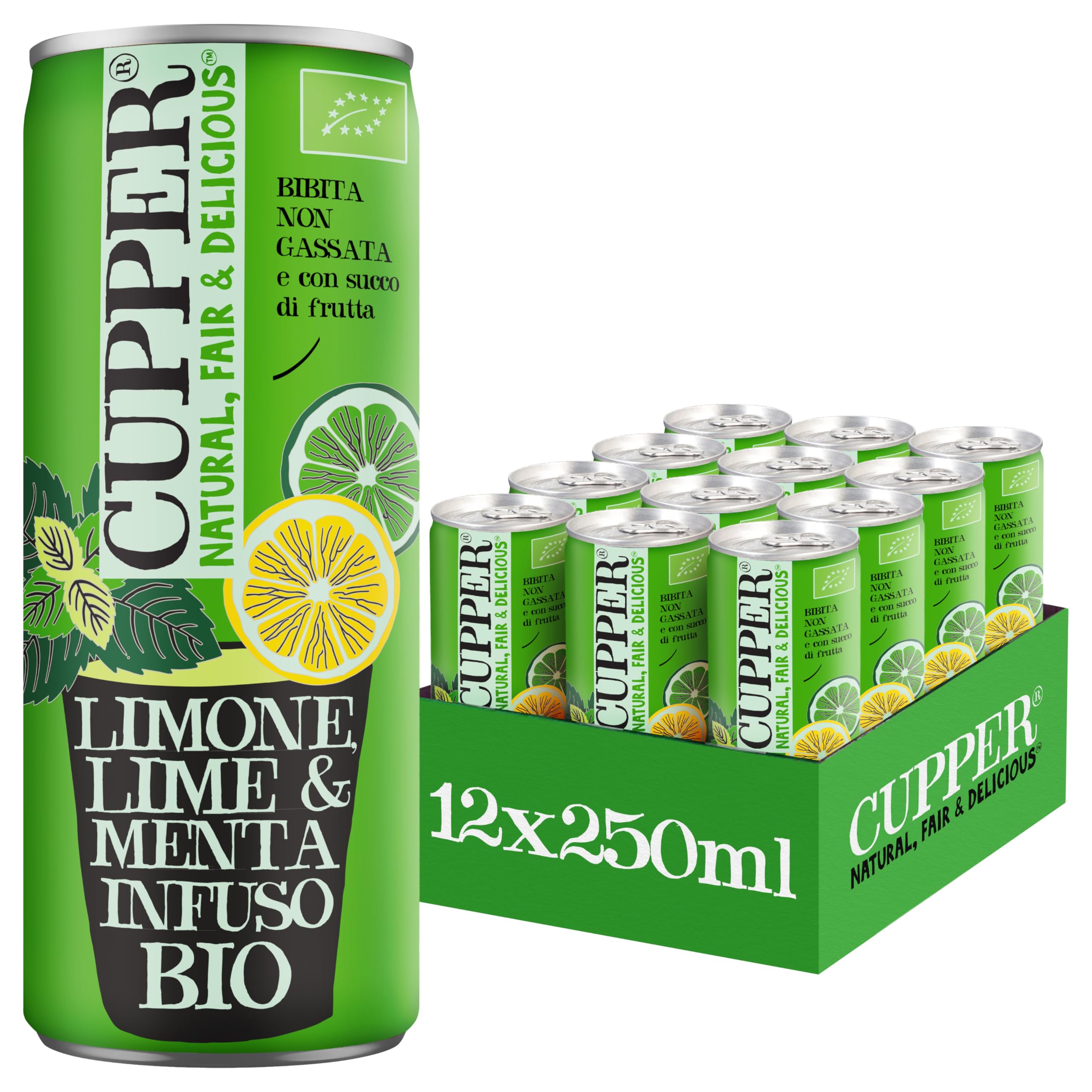 CUPPER Bibita al Lime, Menta e Limone Bio, Bevanda Biologica non gassata, Senza Zuccheri Aggiunti, Infuso a Freddo con Succo di Frutta, Confezione 12 x 250ml