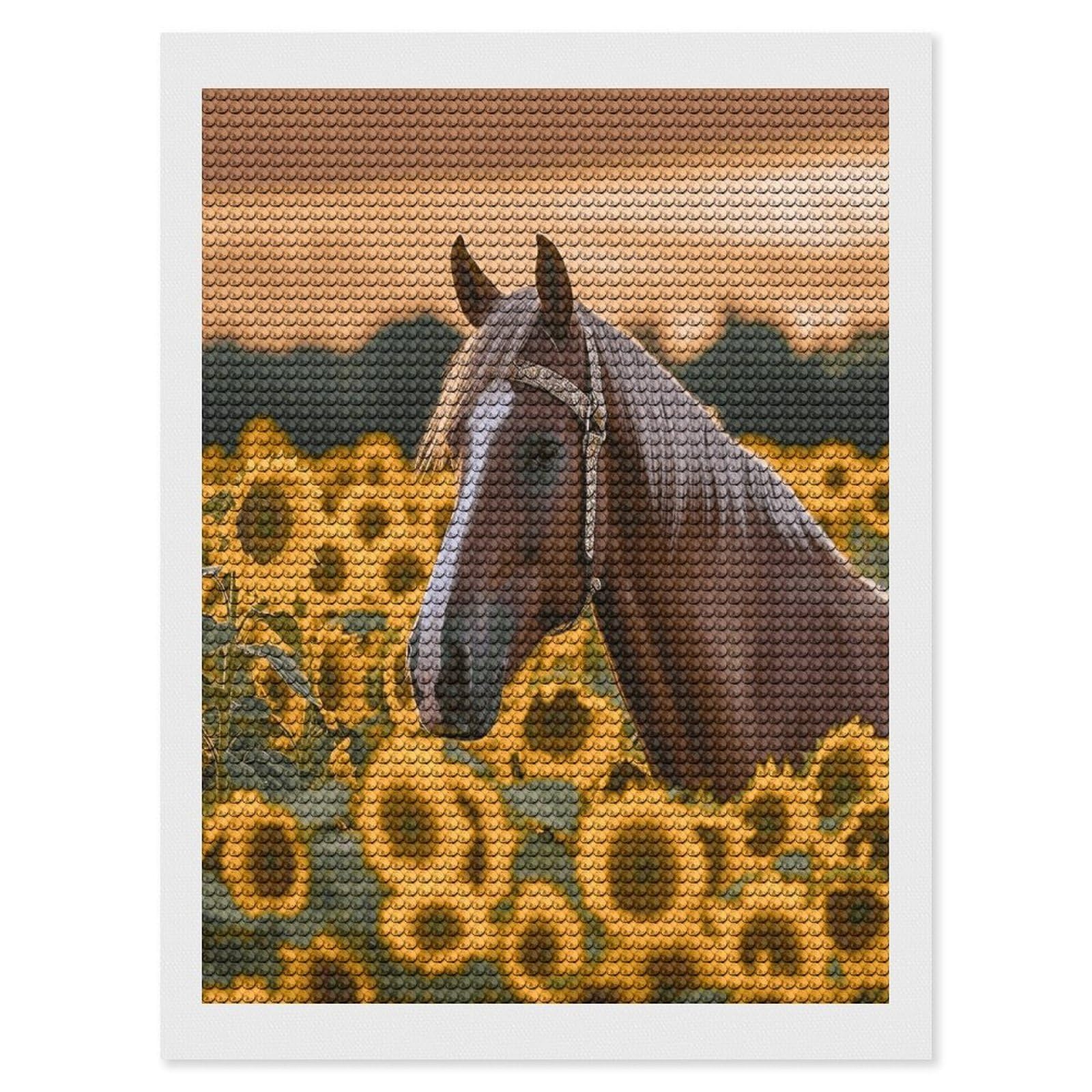Yellow Sunflower Horse Diamond Art Kits for Adult Round Full Drill Diamond Dots Paintings for Beginner Picture Art DIY Diamond Painting Kits 5D Diamond Art Painting for Home Wall Decor 12"x16"