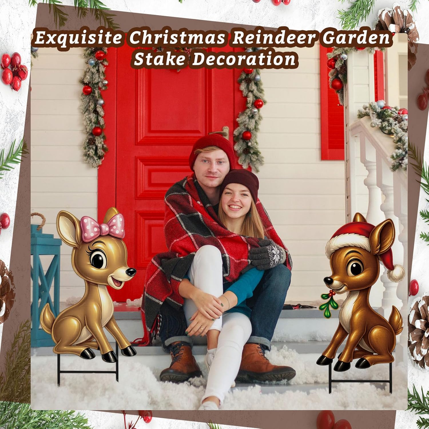 Moxweyeni 2 Pcs Outdoor Reindeer Christmas Decoration Cute Deer Sign Large Metal Reindeer Yard Sign with Stakes Christmas Farmhouse Deer Figurines for Lawn Garden Holiday Display