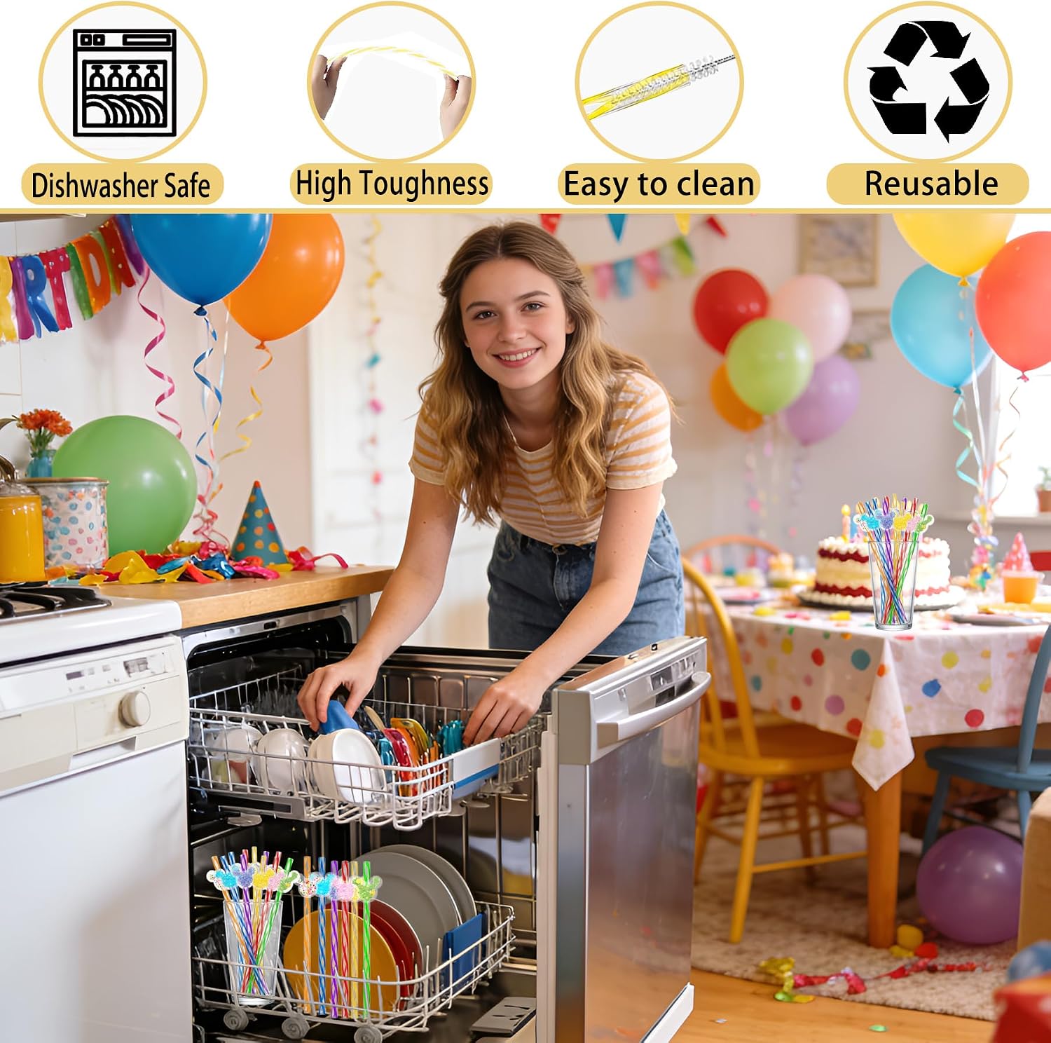 24 Reusable Sparkle Mouse Ear Straws for Oh Toodles Birthday Party Supplies