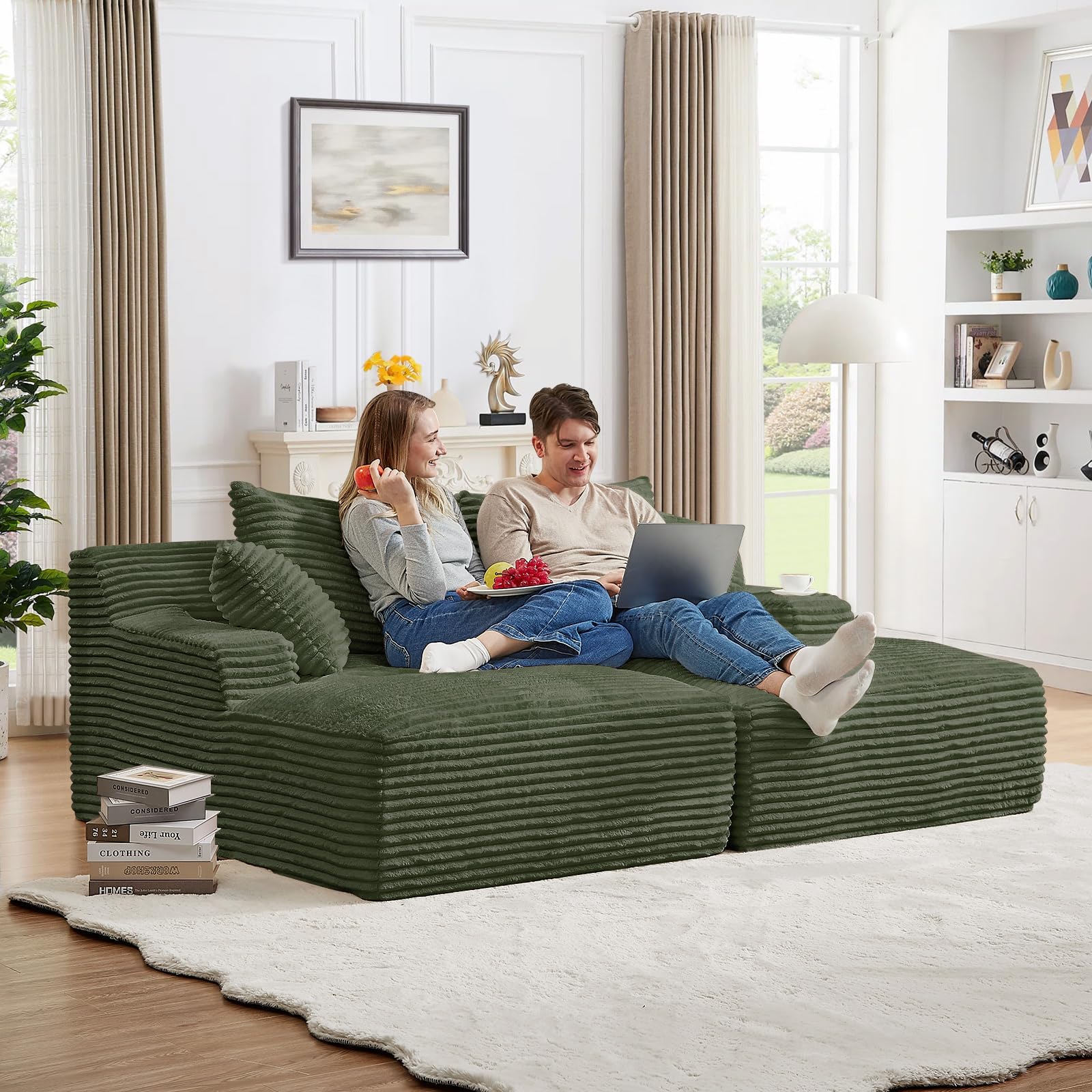 Oversized Chaise Lounge Chair Indoor,78.7"W Upholstered Corduroy Cloud Sofa Boneless Couch,Modern Deep Seat Comfy Sofa Chair,Loveseat Sleeper Couch Bed for Livingroom,Bedroom,No Assembly(Army Green)