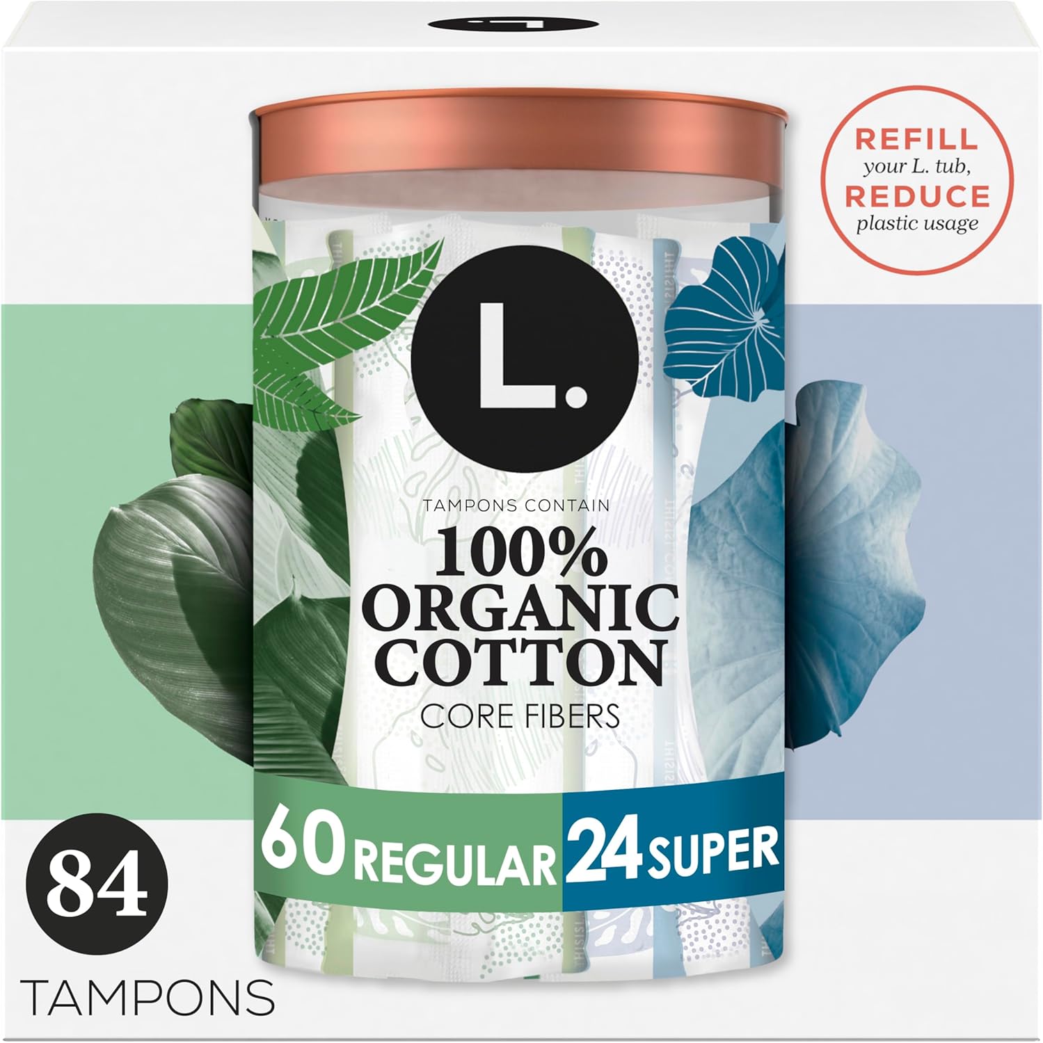 L. Organic Cotton Tampons Regular/Super Absorbency Multipack 84ct - No Rayon, Fragrances or Pesticides