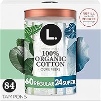 L. Organic Cotton Tampons Regular/Super Absorbency Multipack 84ct - No Rayon, Fragrances or Pesticides