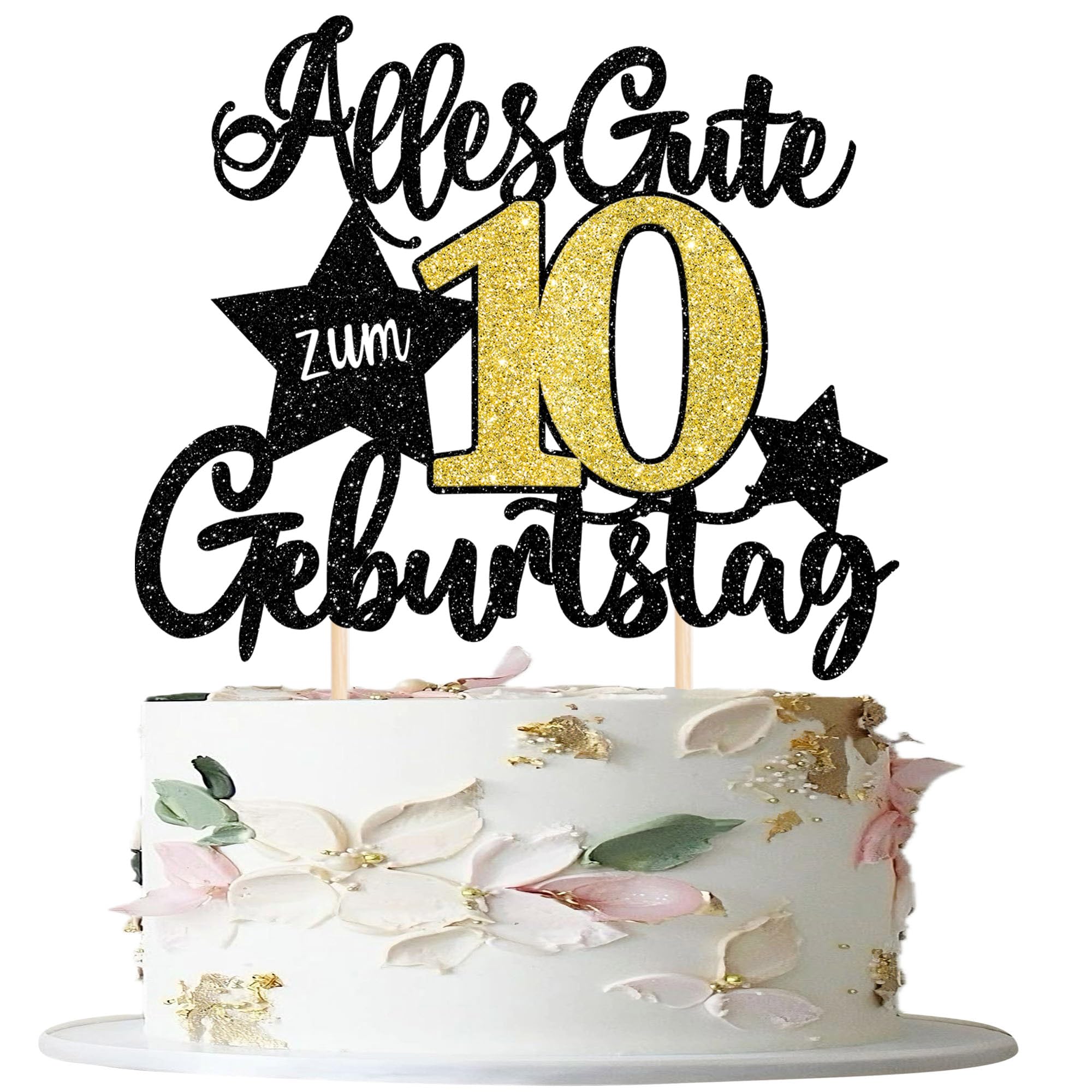 1 Stück 10th Geburtstag Cake Topper Alles Gute zum 10 Geburtstag Tortendeko Happy 10th Auf 10 Jahre Kuchen Deko für Jahrestag Party Kuchen Dekoration Schwarz Gold